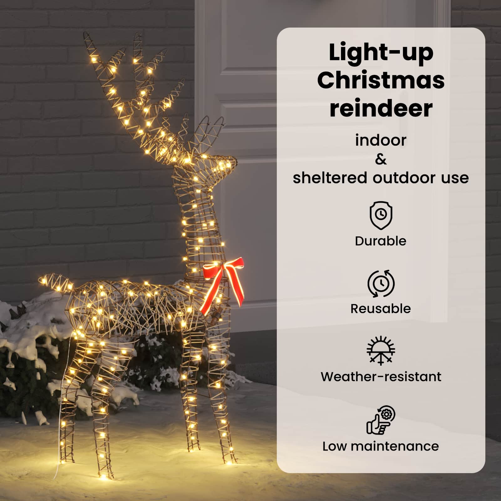 3D ziemeļbriedis ar 140 LED silti baltām lampiņām 70 x 41 x 128 cm Rotangpalma