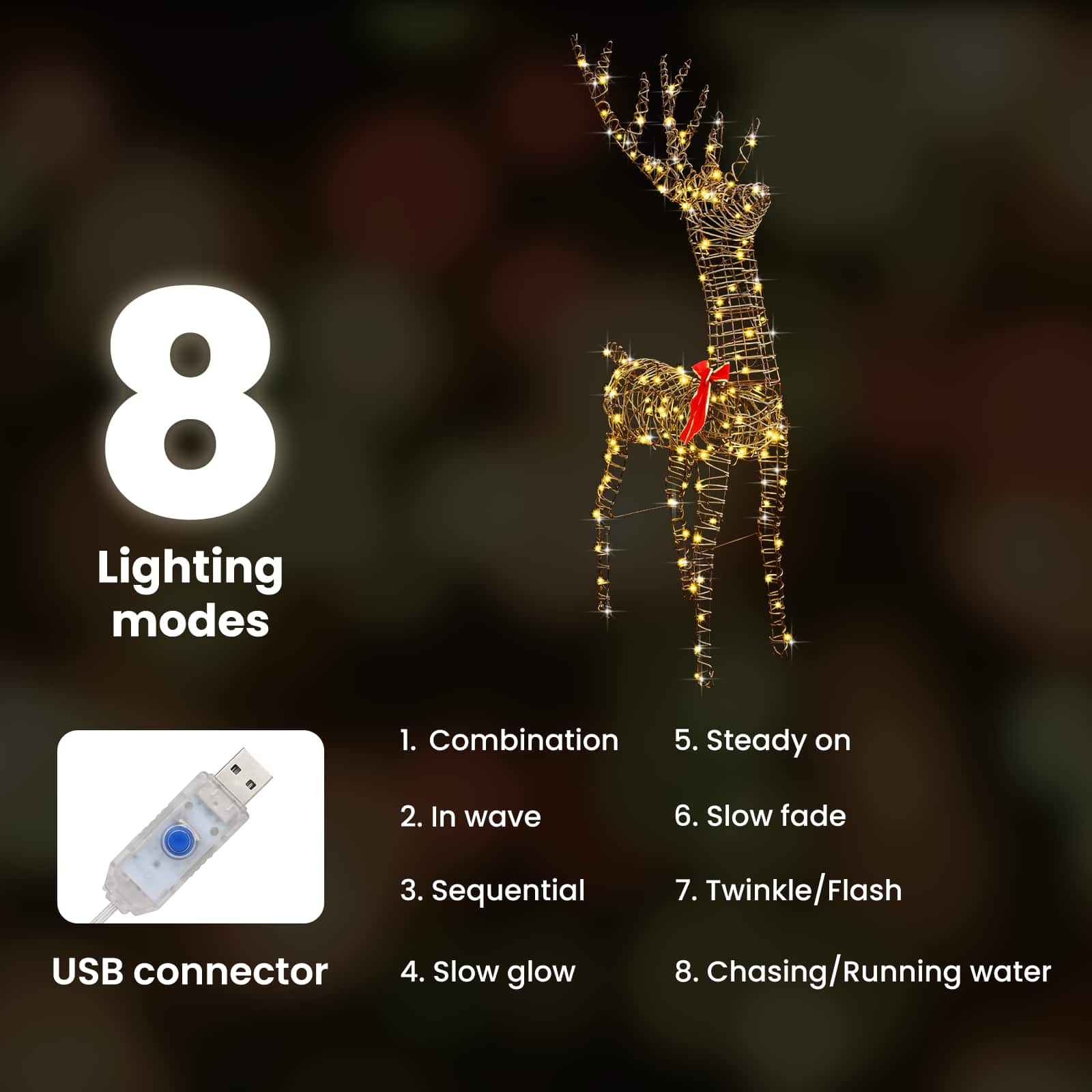 3D ziemeļbriedis ar 140 LED silti baltām lampiņām 70 x 41 x 128 cm Rotangpalma