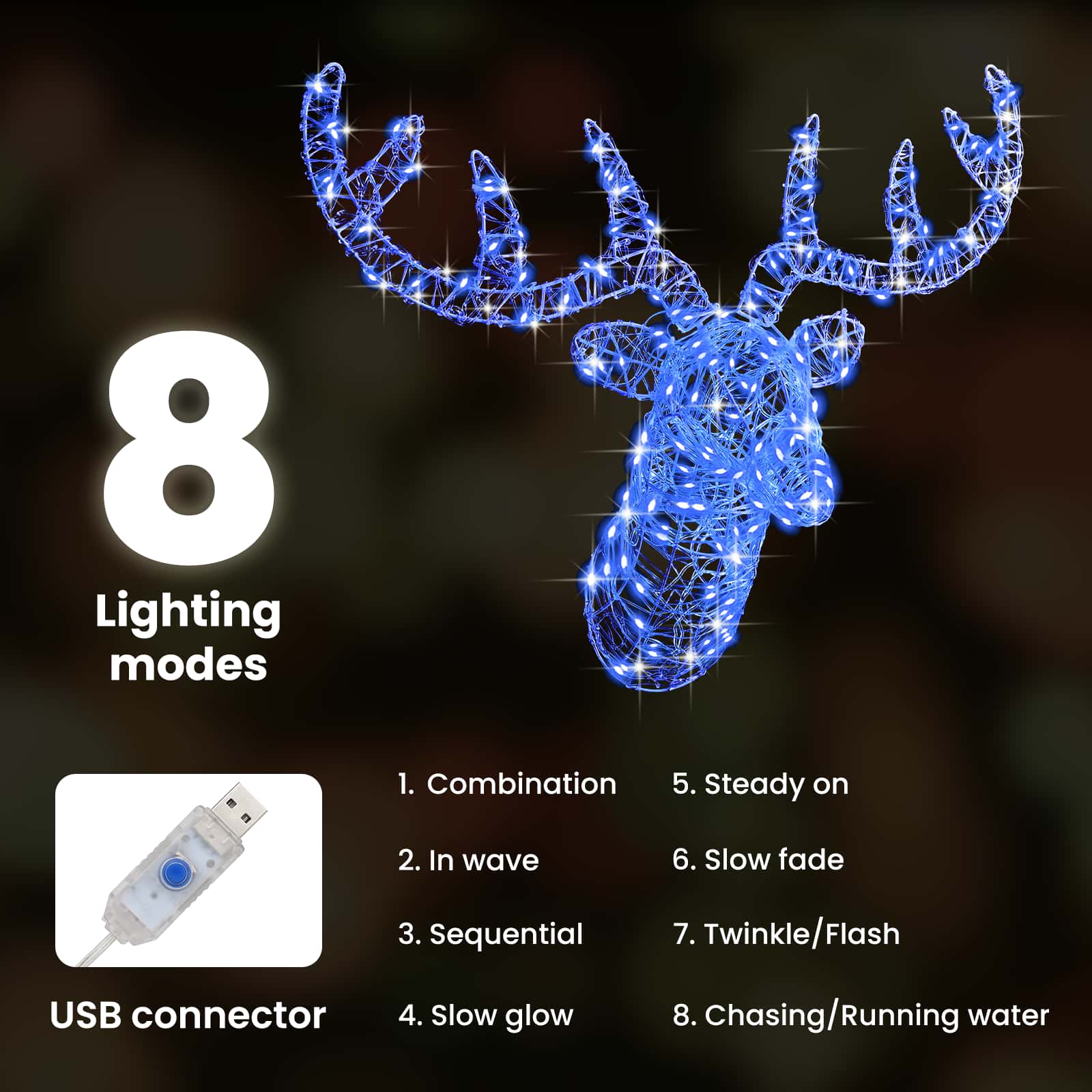 Stirnas galva ar 140 LED zilā krāsā 60 cm akrils