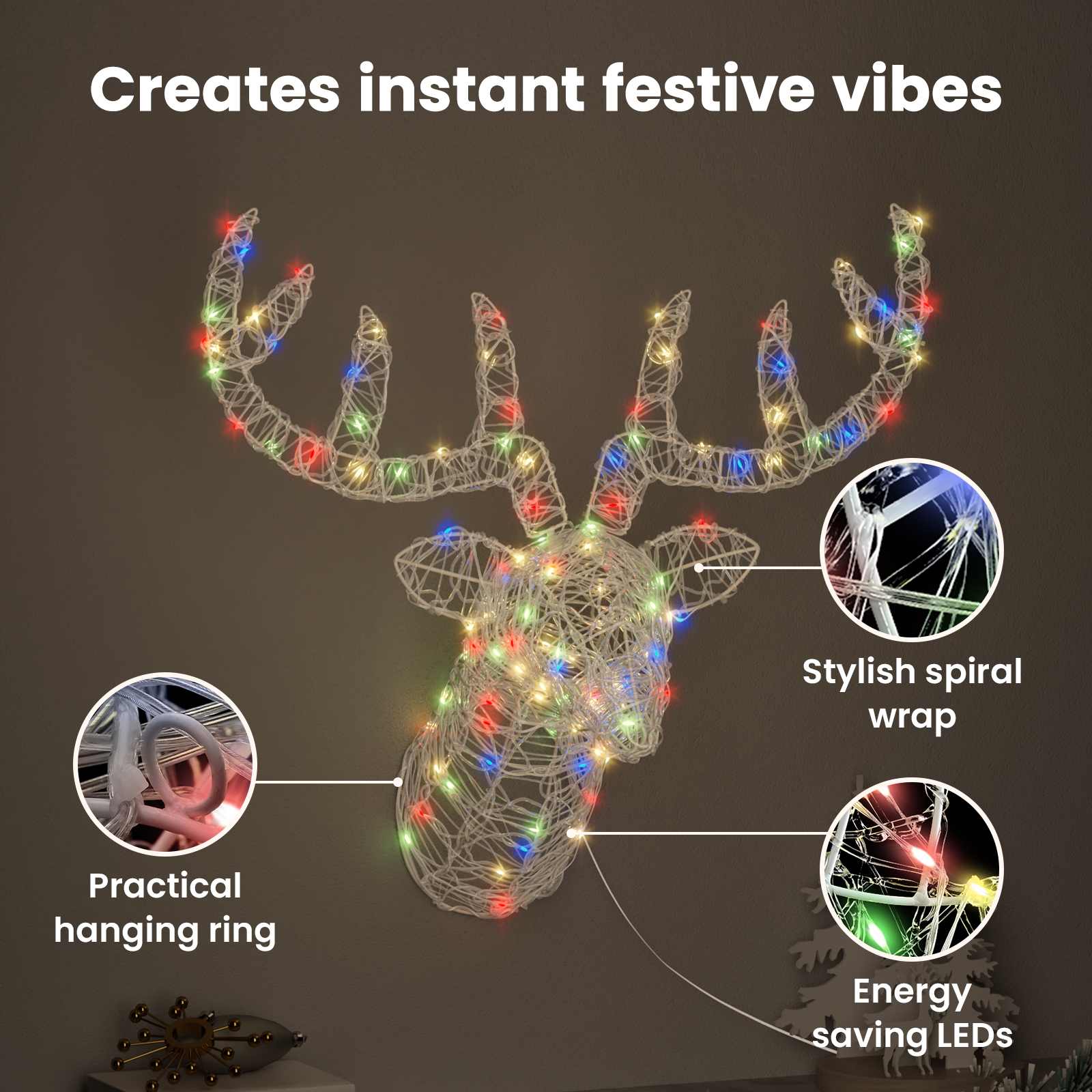Reindeer head with 140 LED colorful 60 cm Acrylic