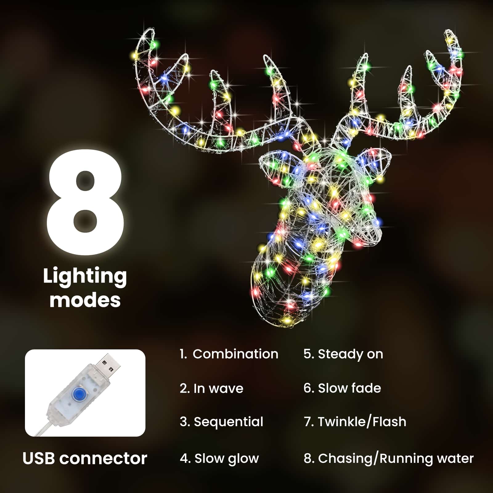 Reindeer head with 140 LED colorful 60 cm Acrylic