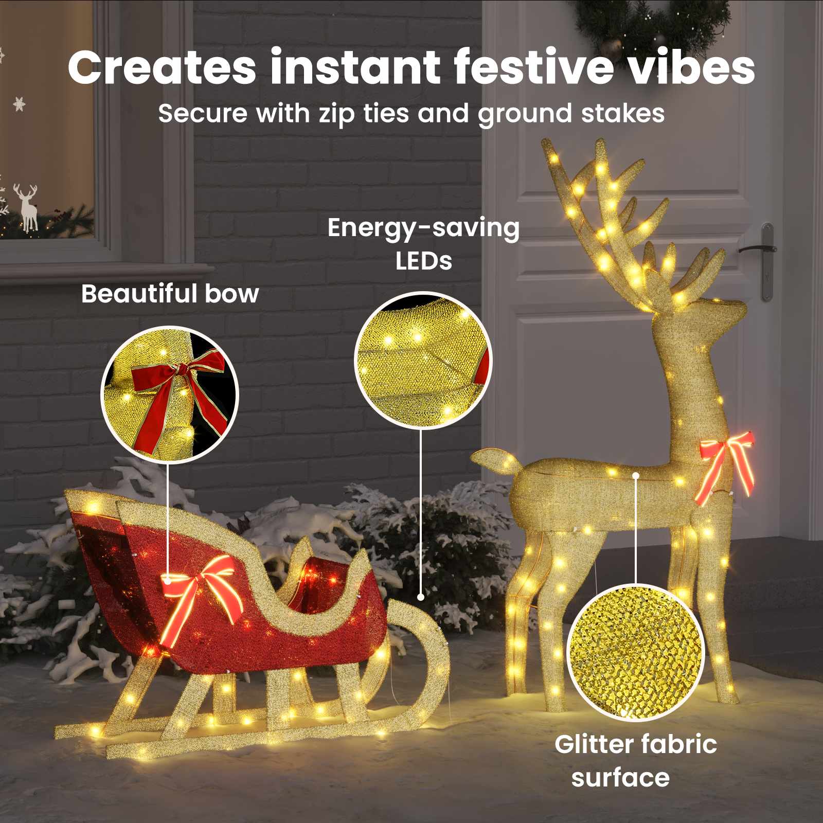 Reindeer Sleigh Warm White 151 x 28 x 128.5 cm fabric