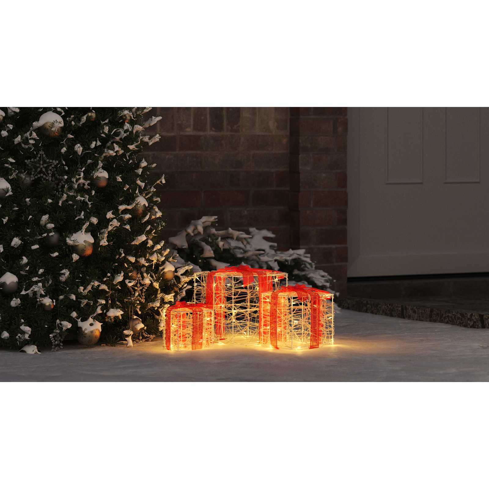 Dāvanu kaste ar 60 LED, 3 gab., silti balta, 20 x 20 x 20 cm, akrils
