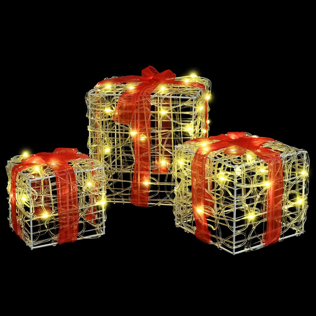 Dāvanu kaste ar 60 LED, 3 gab., silti balta, 20 x 20 x 20 cm, akrils