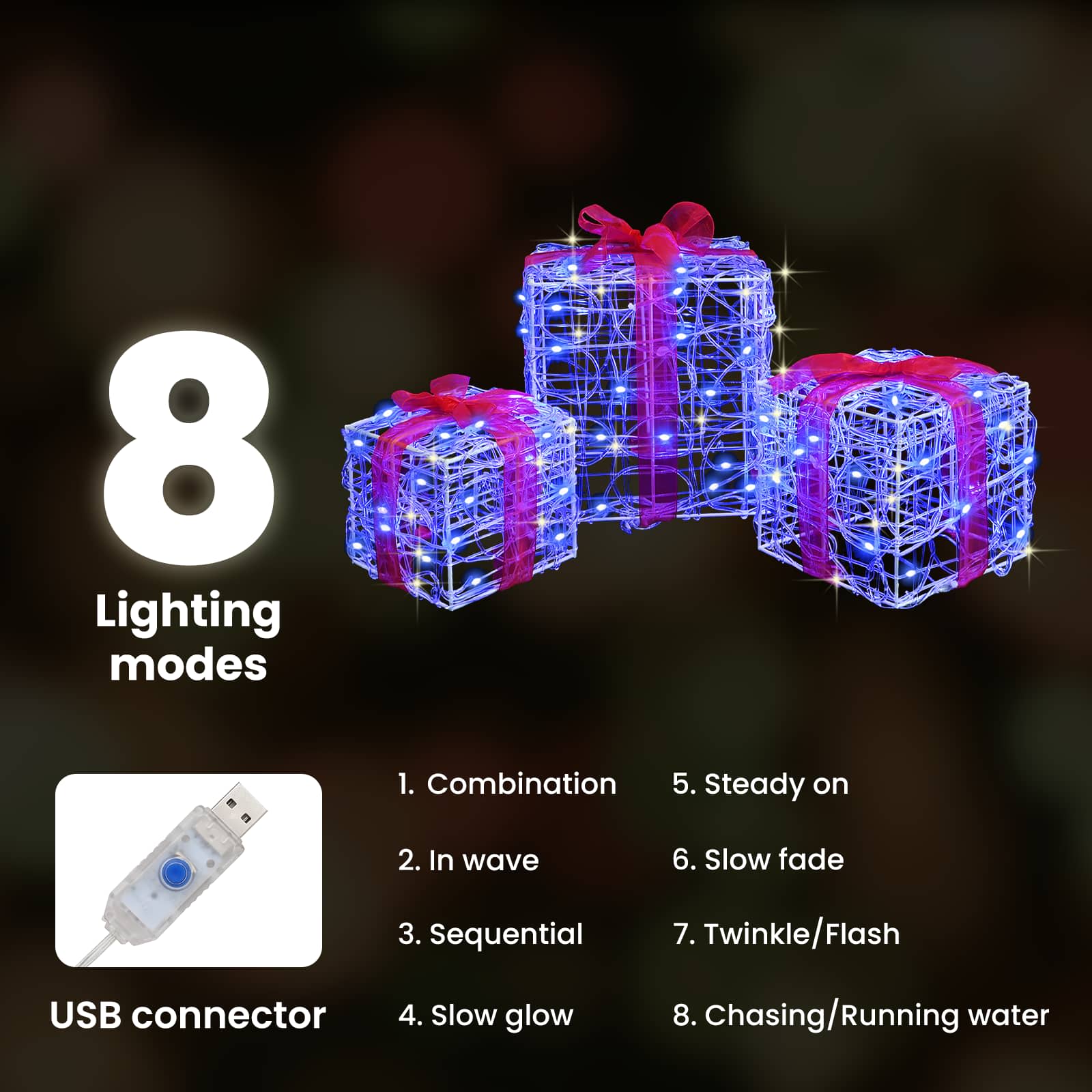 Dāvanu kaste ar 60 LED, 3 gab., zila, 20 x 20 x 20 cm, akrils