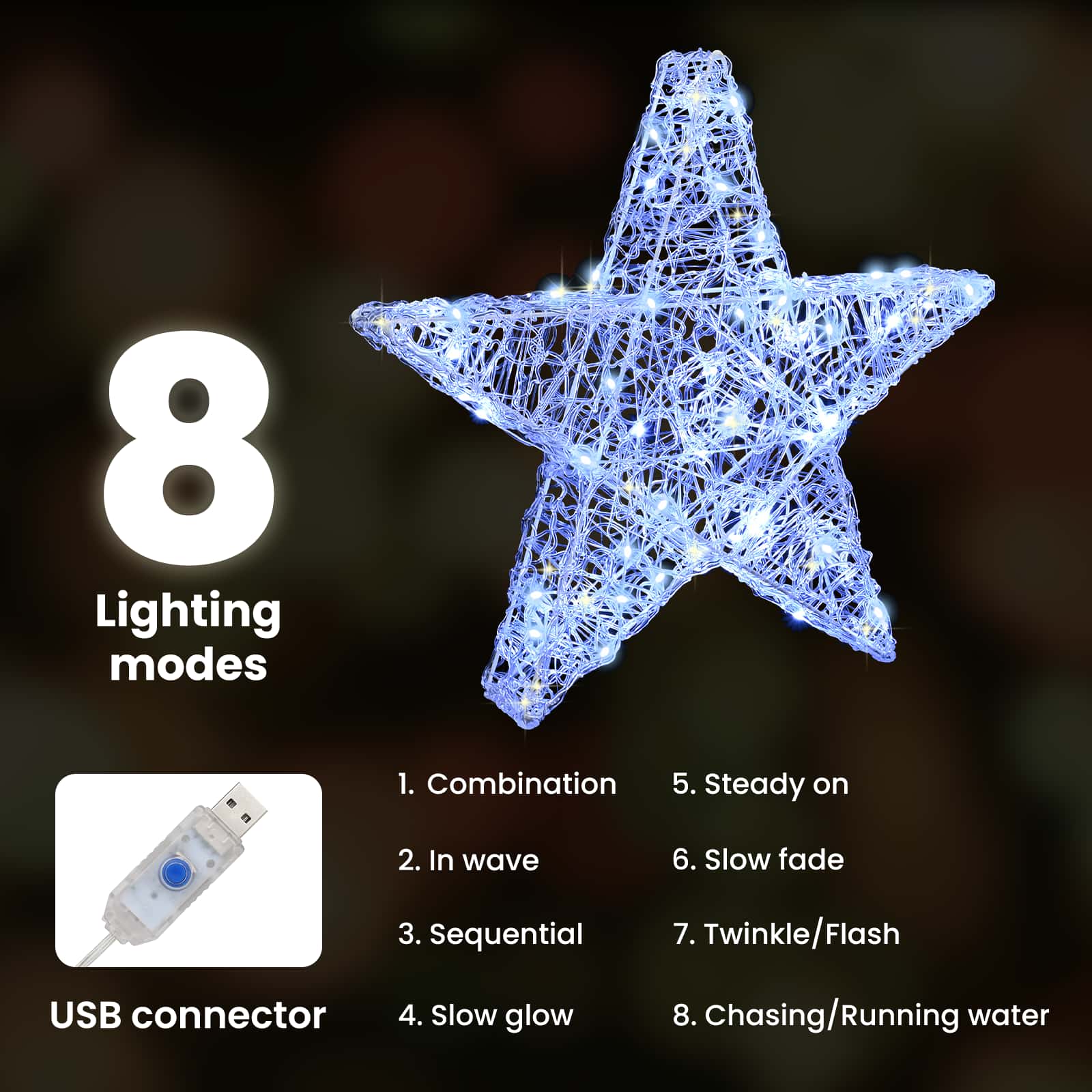 3D žvaigždė su 50 LED Šalta balta 55 x 53.5 x 10 cm Akrilas