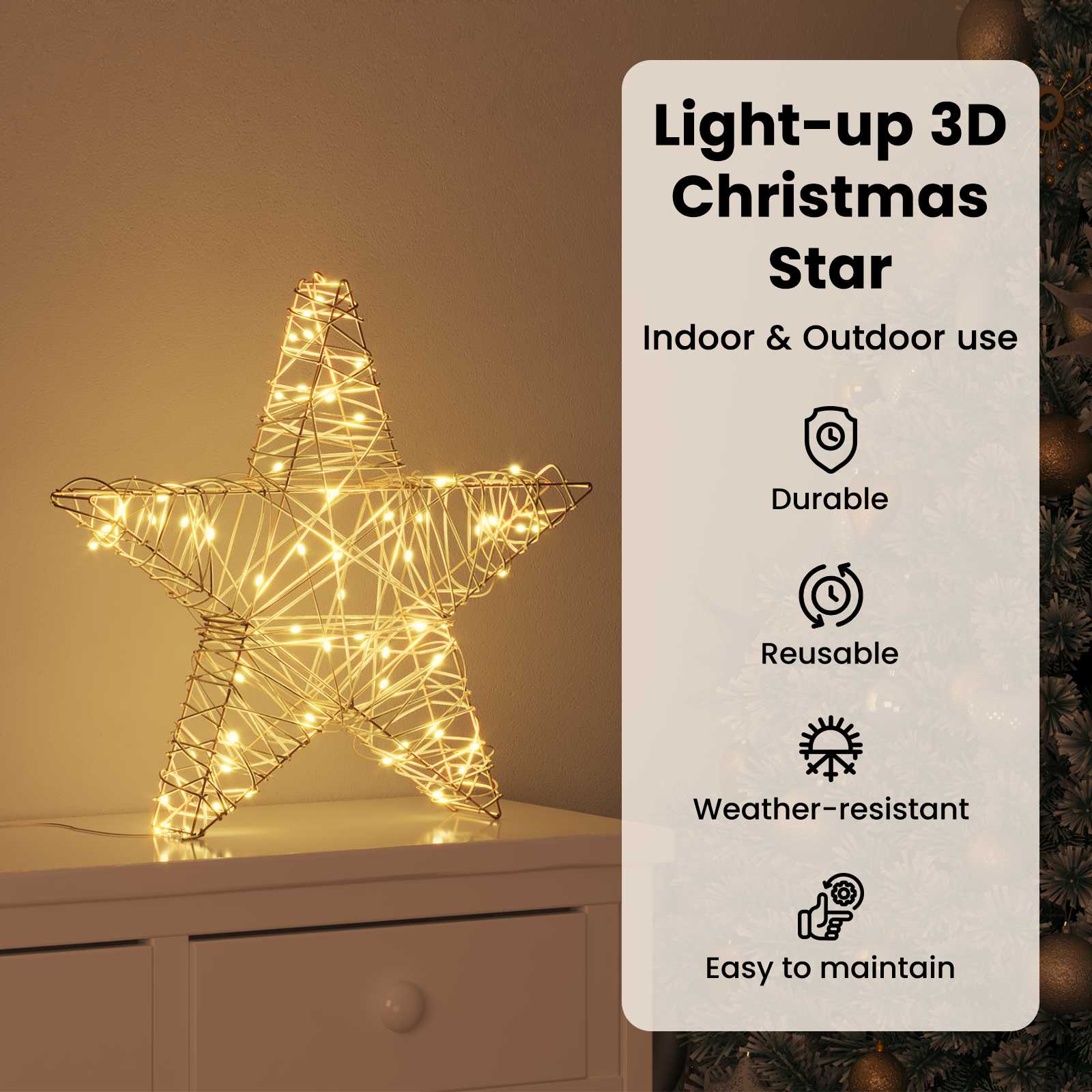 3D žvaigždė su 50 LED Šilta balta 55 x 52.5 x 9 cm Ratanas