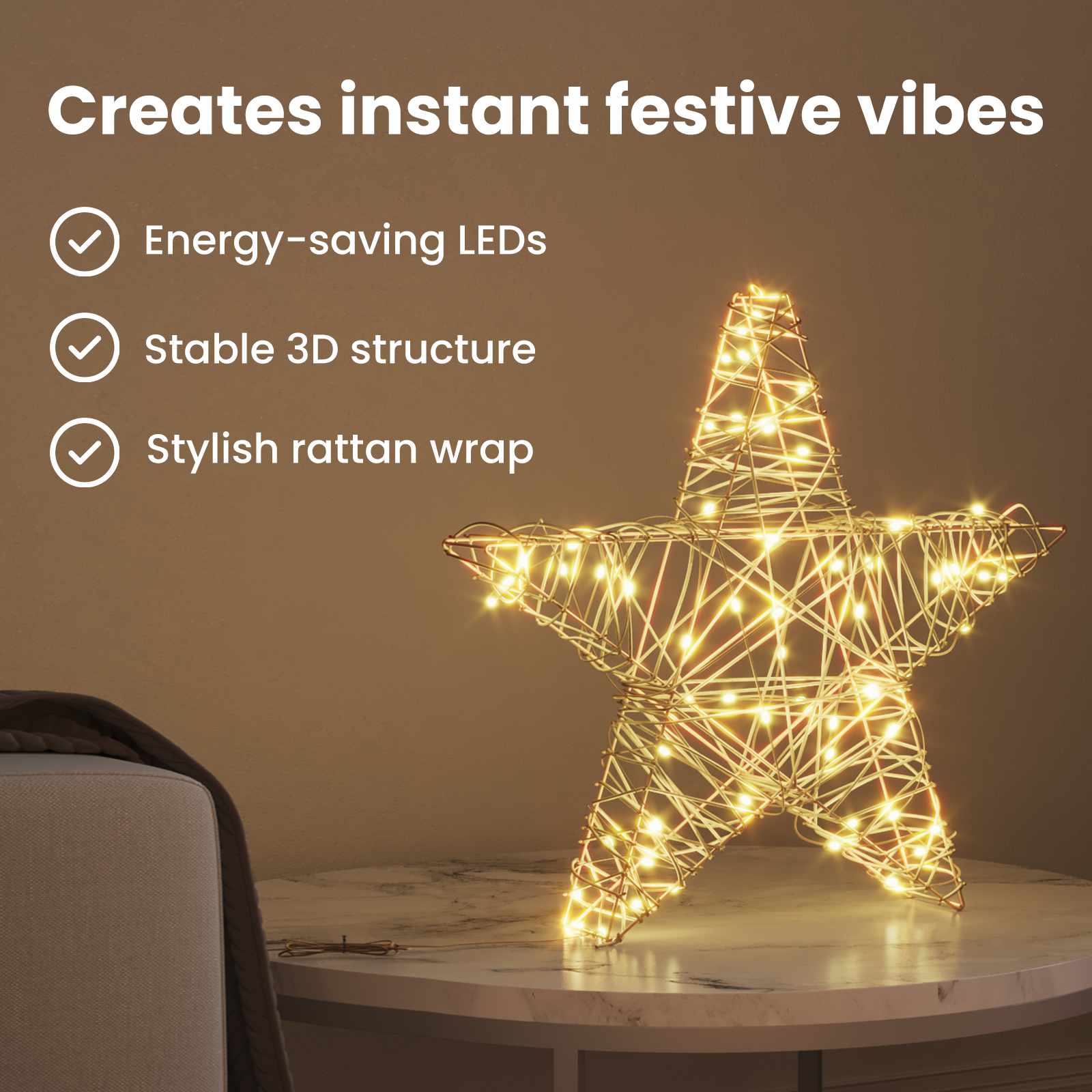 3D žvaigždė su 50 LED Šilta balta 55 x 52.5 x 9 cm Ratanas