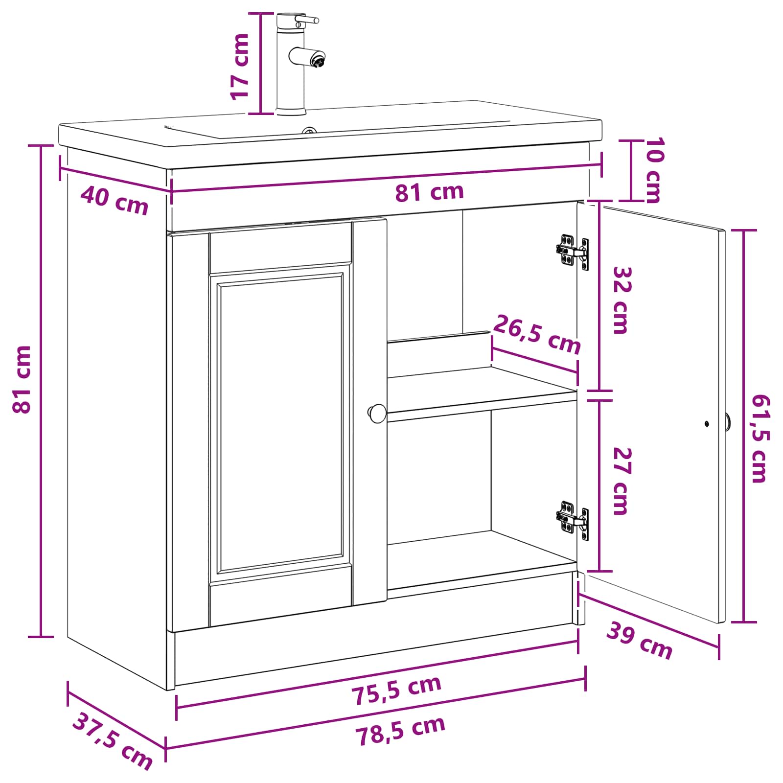 Vonios baldų rinkinys Juoda 78,5 x 37,5 x 81 cm