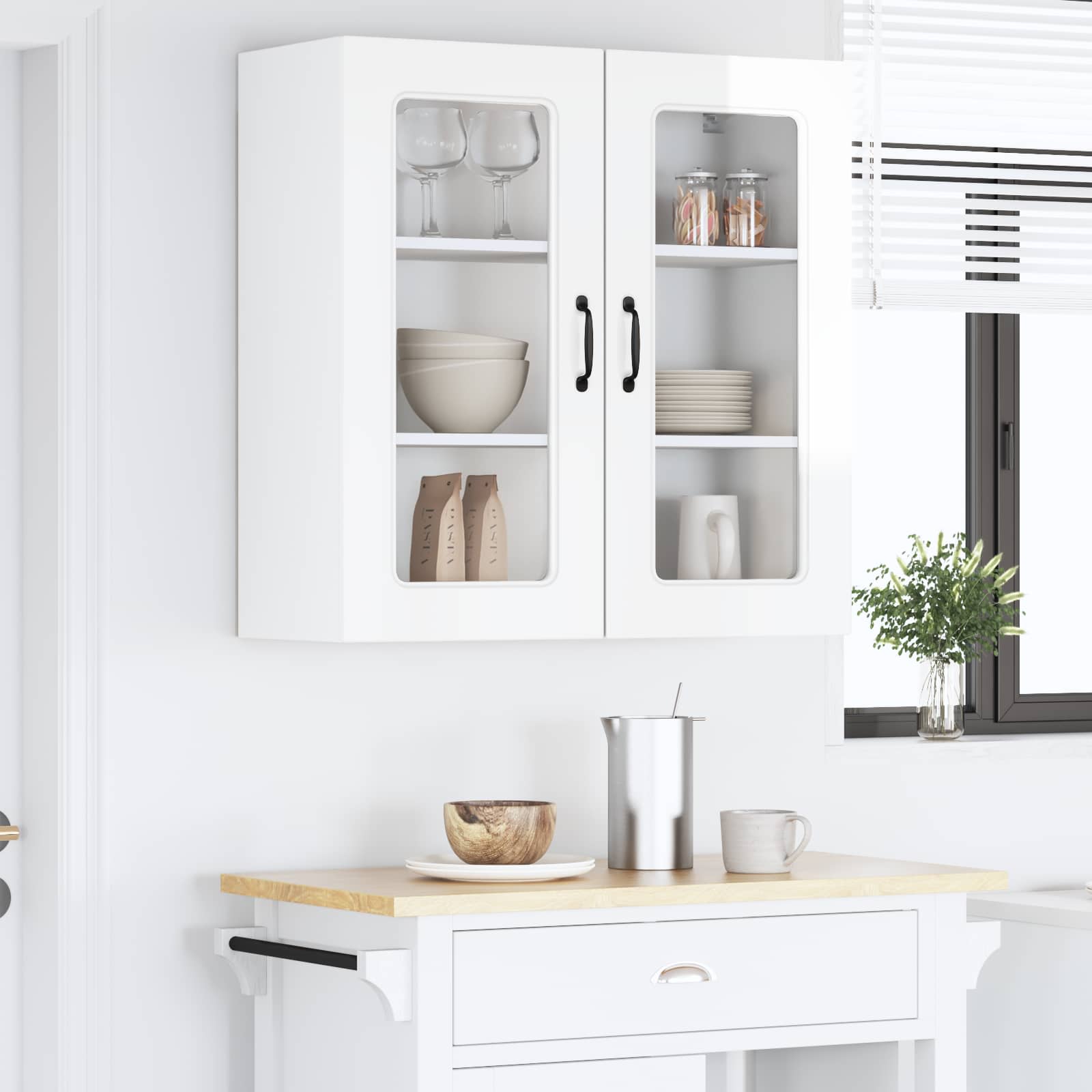 Kitchen wall cabinet with shelf High gloss white