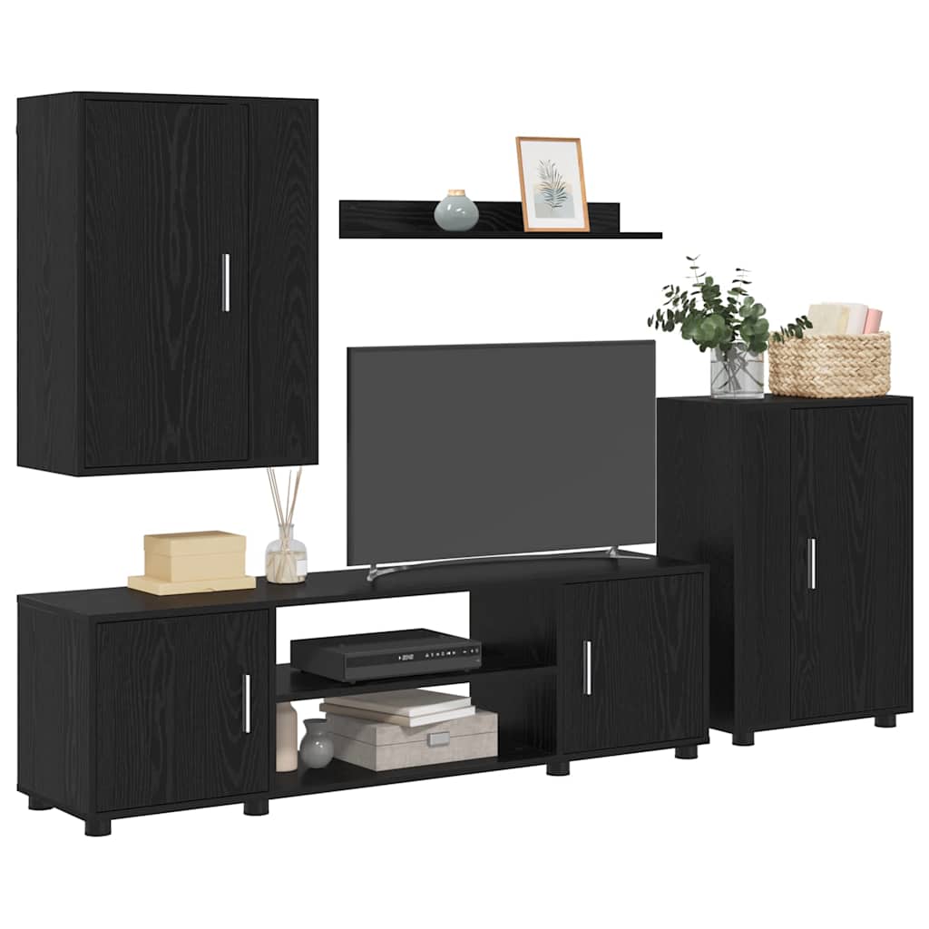 4 dalių TV spintelė rinkinys su lentyna 4 pcs juoda ąžuolo