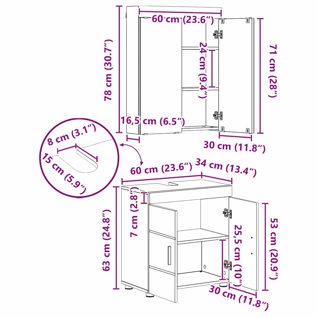 Vonios baldų rinkinys TULUM 3 pcs Aukštai blizganti balta