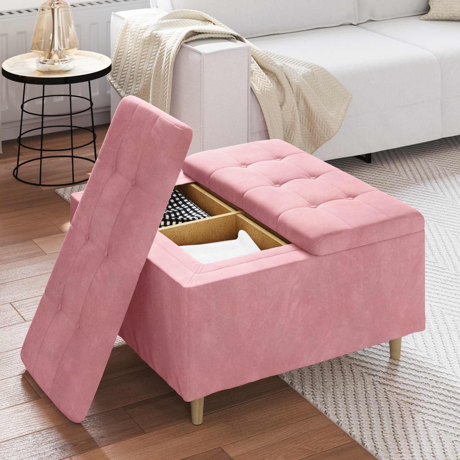 Button Ottoman with Cushion Pink 80 x 80 x 45 cm Velvet
