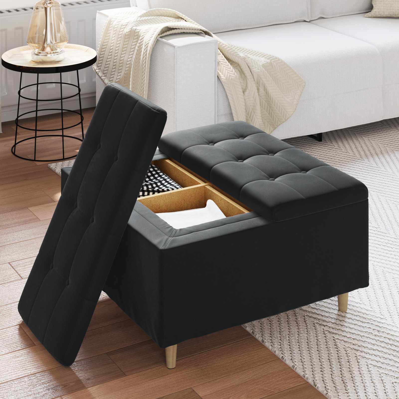 Pufpodziņš ar spilvenu Melns 80 x 80 x 45 cm Samts