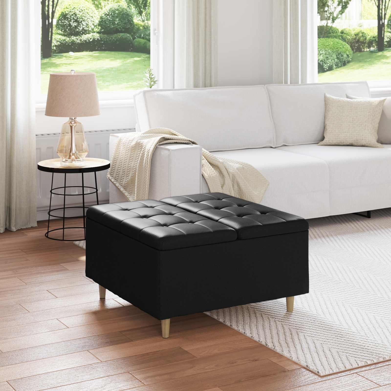 Mygtuko taburetė su pagalve Juoda 80 x 80 x 45 cm Dirbtinė oda