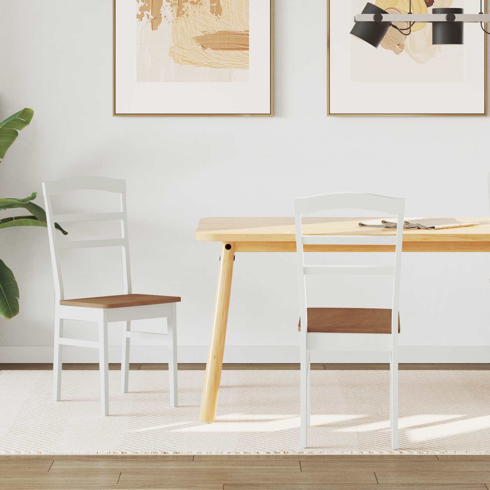 Dining Chair 2 pcs White and Natural Solid Wood