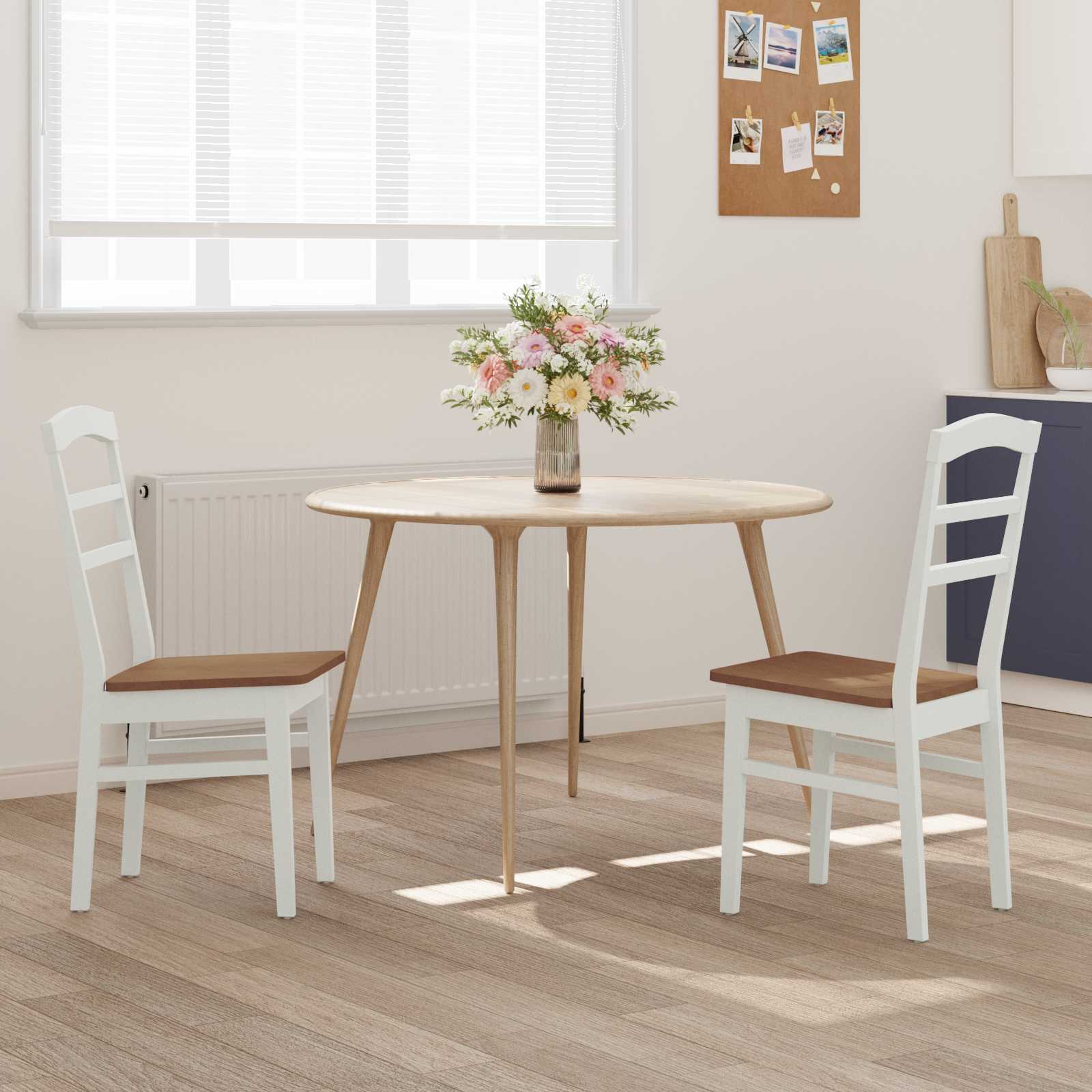 Dining Chair 2 pcs White and Natural Solid Wood