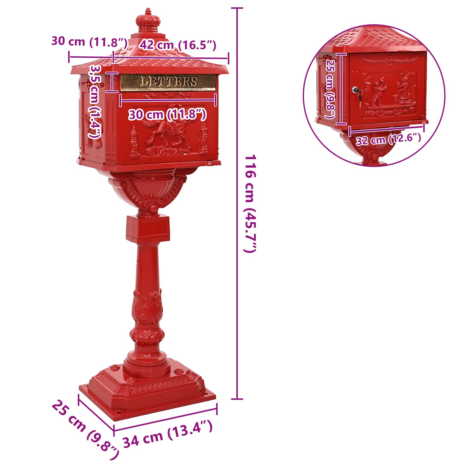 Freestanding Post Box with Storage Red 42.5 x 29.5 x 117 cm