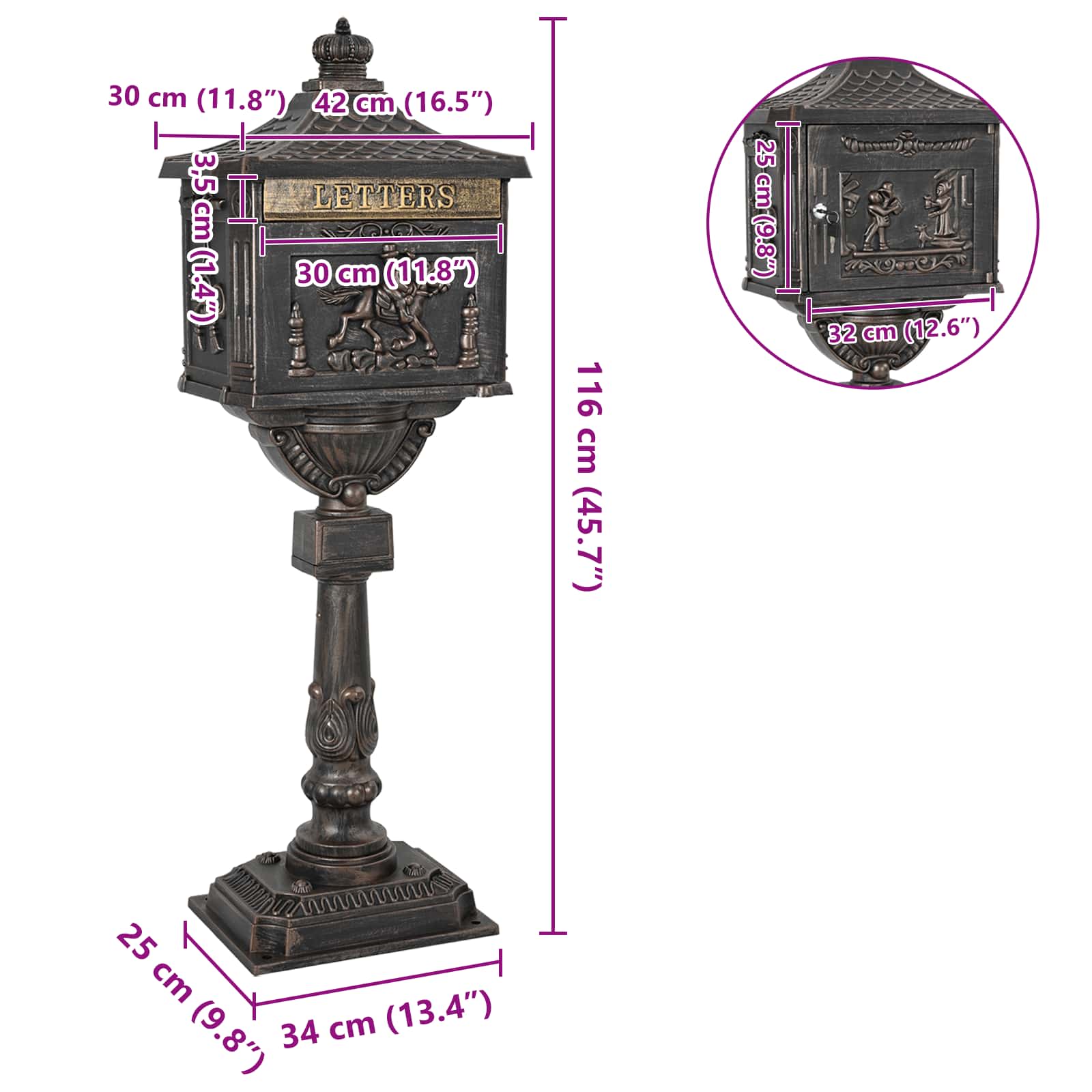 Freestanding Post Box with Storage Bronze 42.5 x 29.5 x 117 cm
