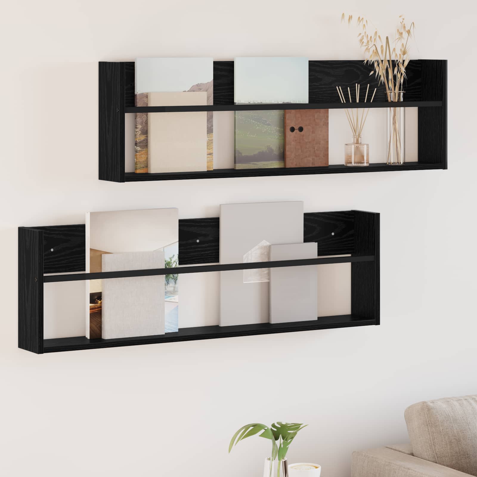 Žurnalų stovas su lentyna 2 pcs Juodas ąžuolas 100 x 12 x 30 cm