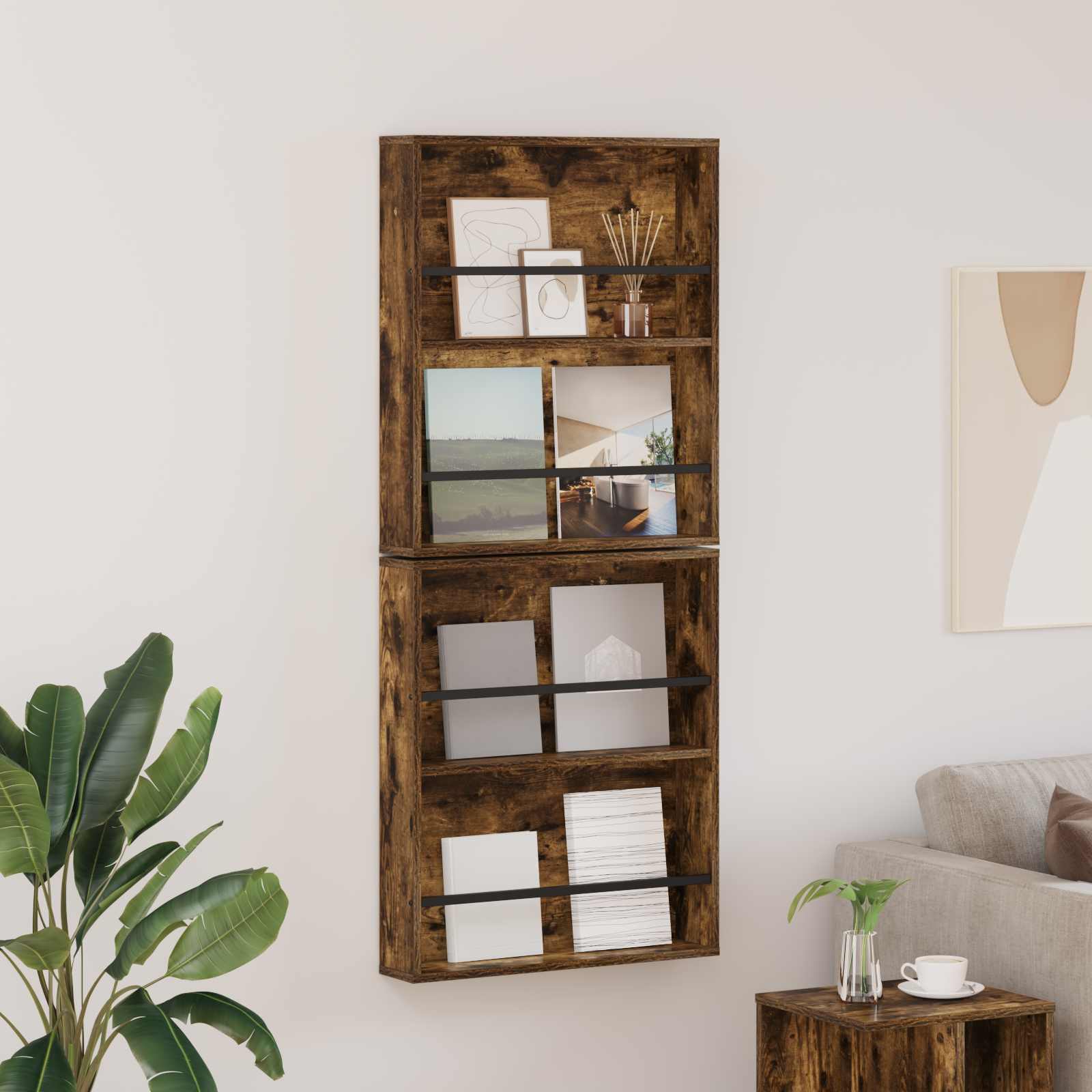 Magazine Rack with Shelf 2 pcs Smoked Oak 60 x 12 x 70 cm