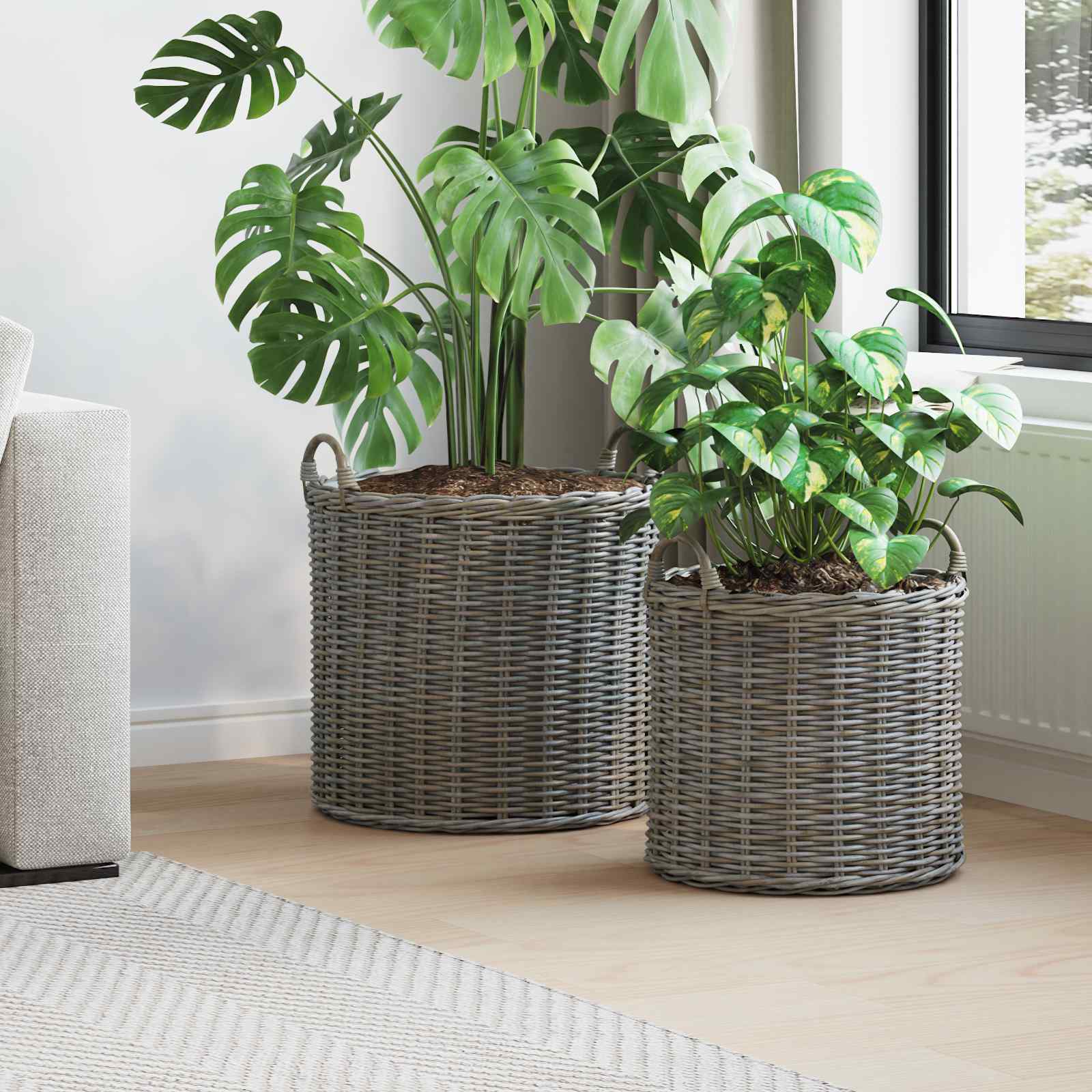 Flower Pot Basket with Storage 2 pcs Grey Rattan