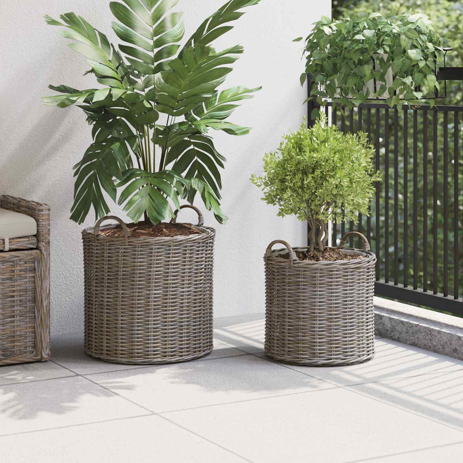 Flower Pot Basket with Storage 2 pcs Grey Rattan