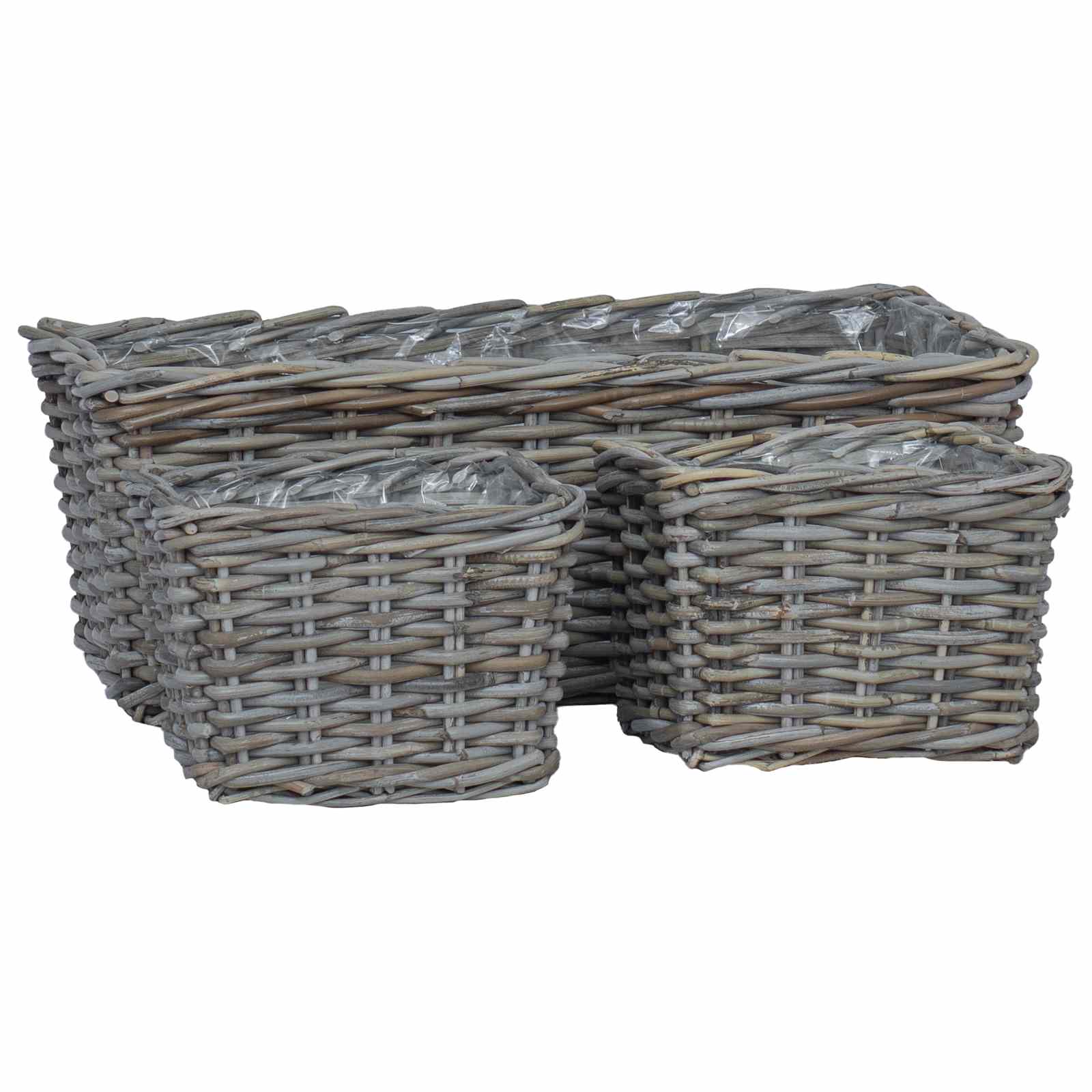 Vazonų krepšys su saugykla 3 pcs Pilka Kubu ratanas