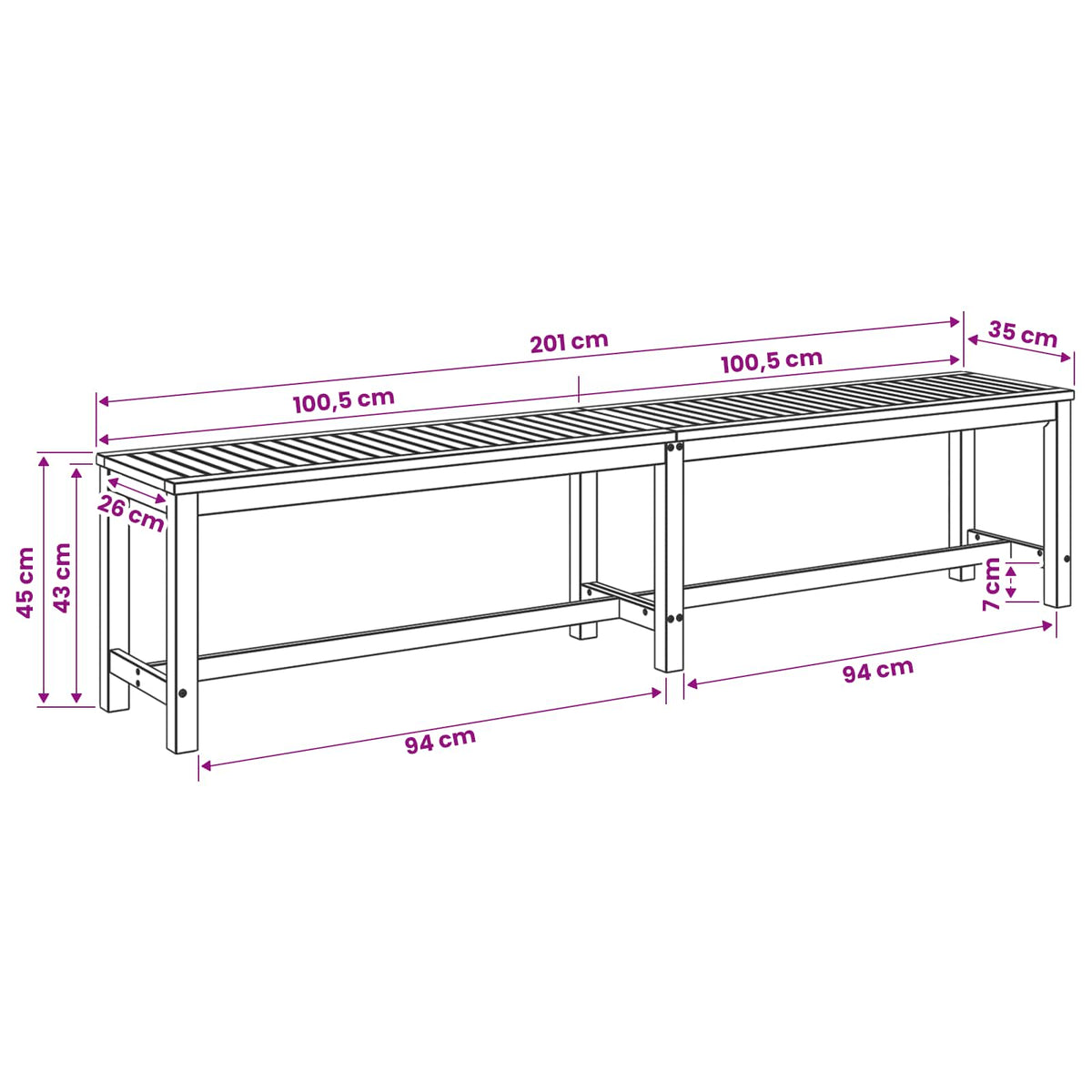 Sodo suolas LAREN 201 x 35 x 45 cm Kietos akacijos mediena