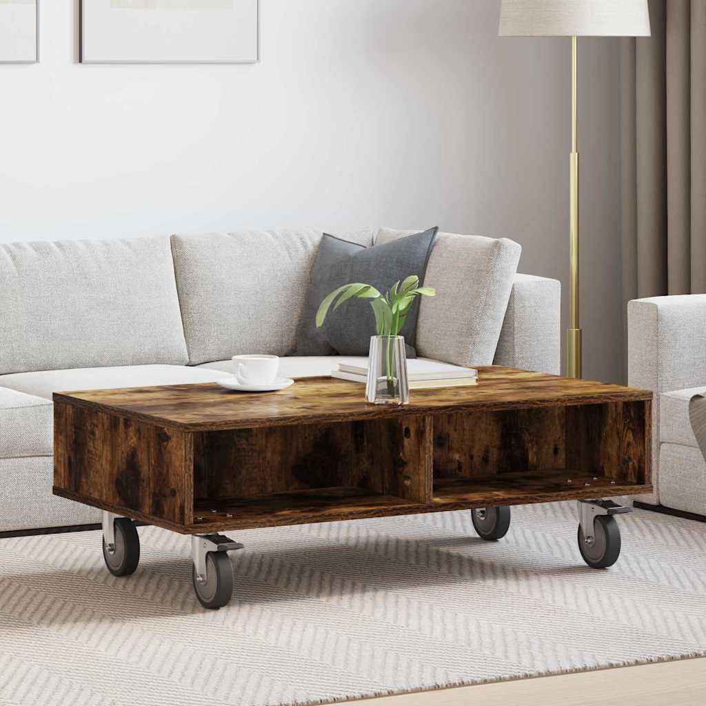 Smoked oak coffee table with wheels 90 x 50 x 30 cm