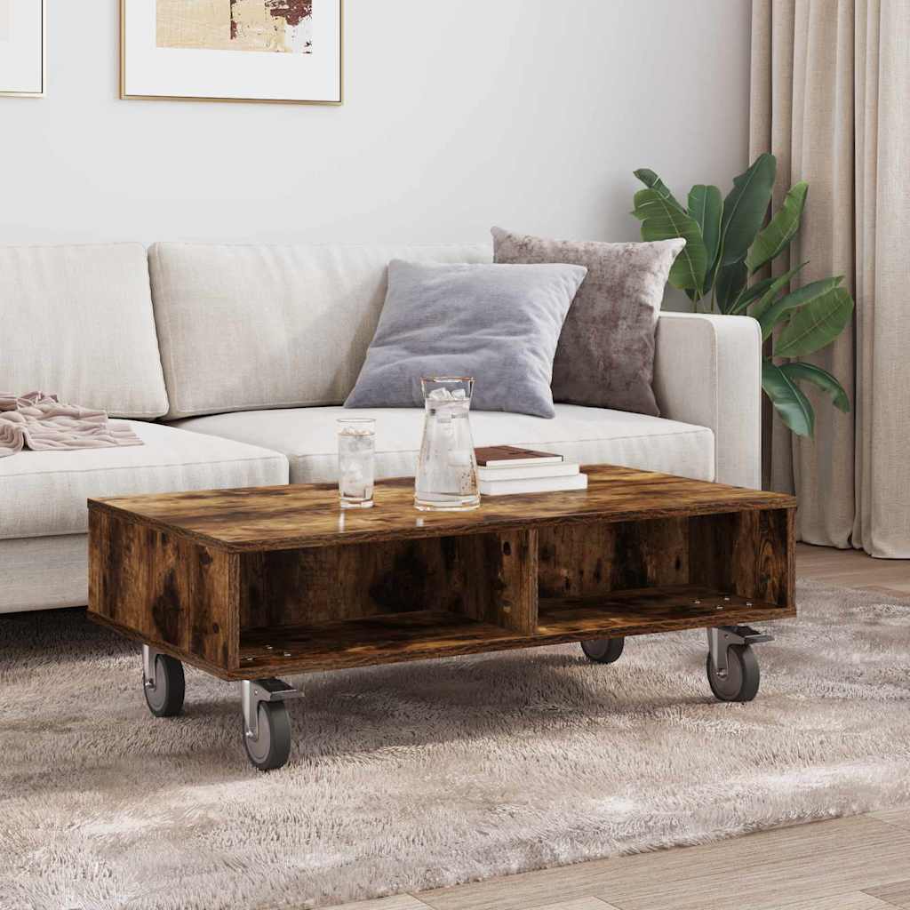 Smoked oak coffee table with wheels 90 x 50 x 30 cm