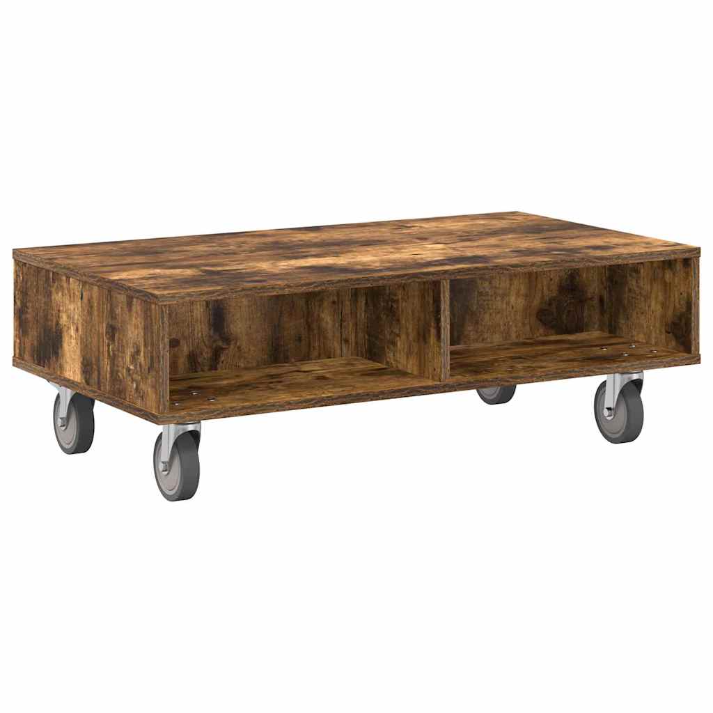 Smoked oak coffee table with wheels 90 x 50 x 30 cm