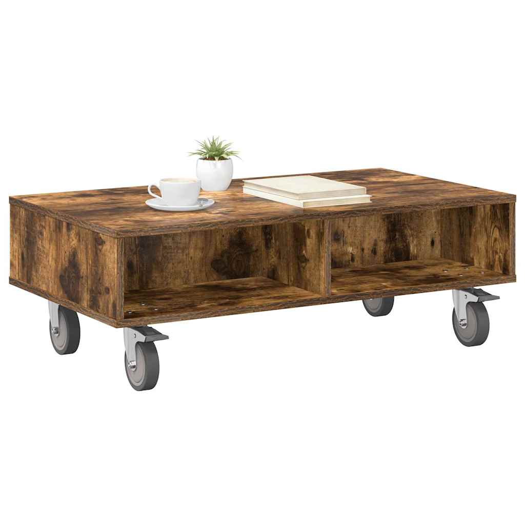 Smoked oak coffee table with wheels 90 x 50 x 30 cm