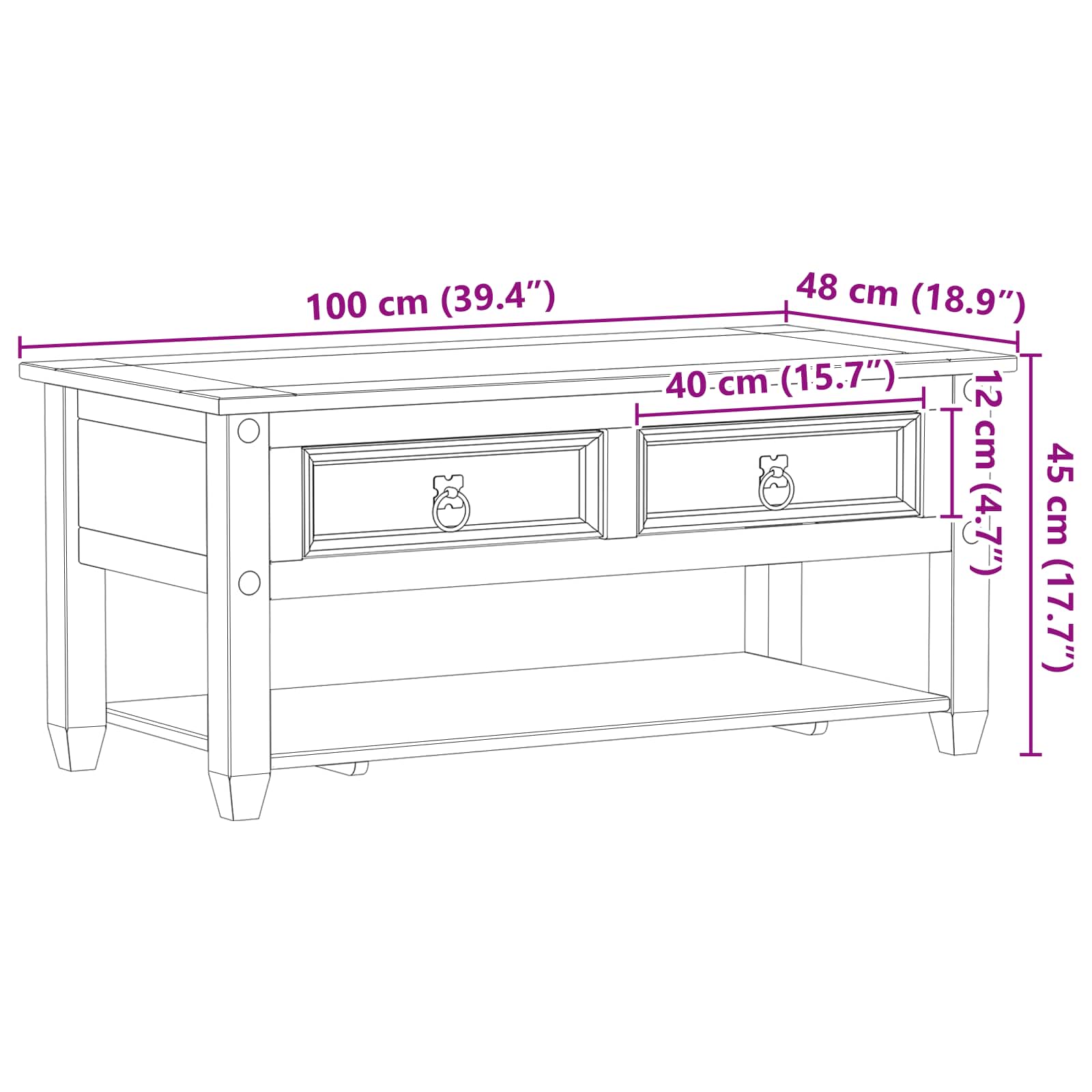 Kavos staliukas Balta 100 x 48 x 45 cm Kietos pušies mediena