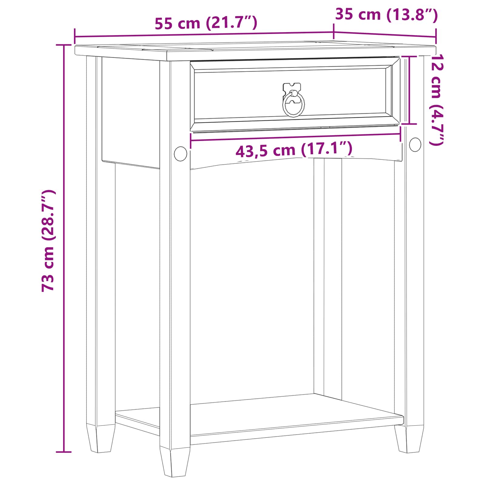 Konsoles galds Balts 55 x 35 x 73 cm Masīva priedes koksne