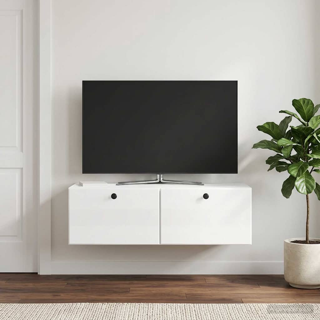 Sieninė TV spintelė Itin blizgi balta 98 x 41 x 30 cm