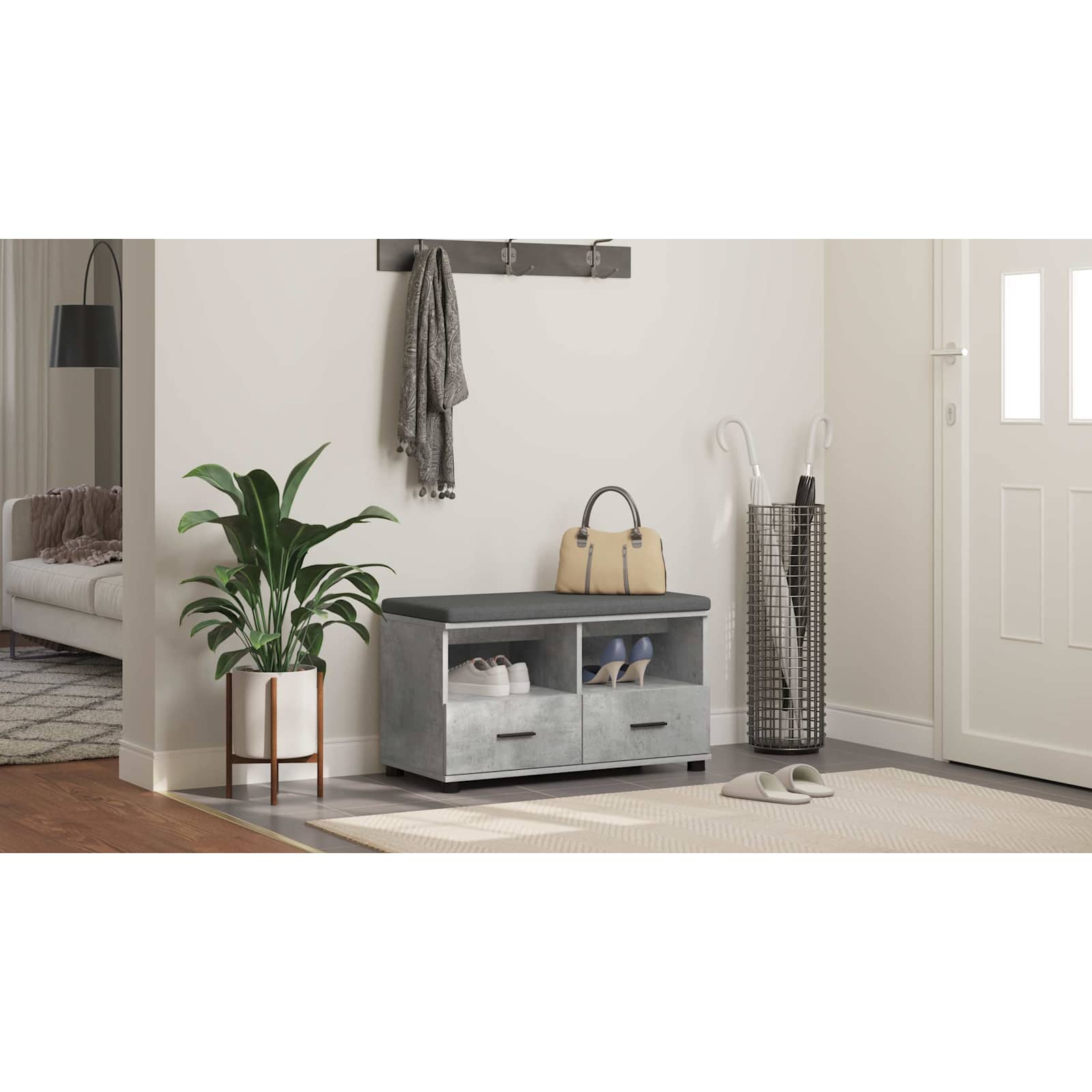 Koridoriaus suolas su pagalve Betono pilka 80 x 38 x 46 cm