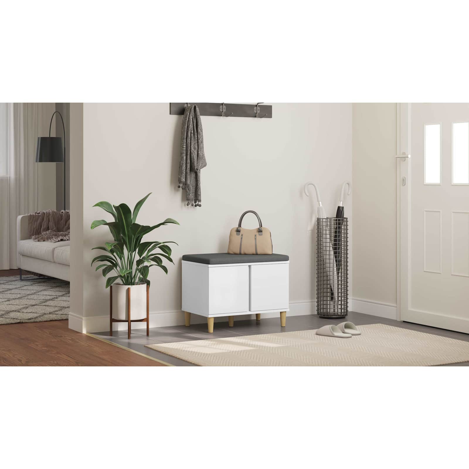 Koridoriaus suolas su pagalve su durimis Baltas 60 x 38 x 46 cm