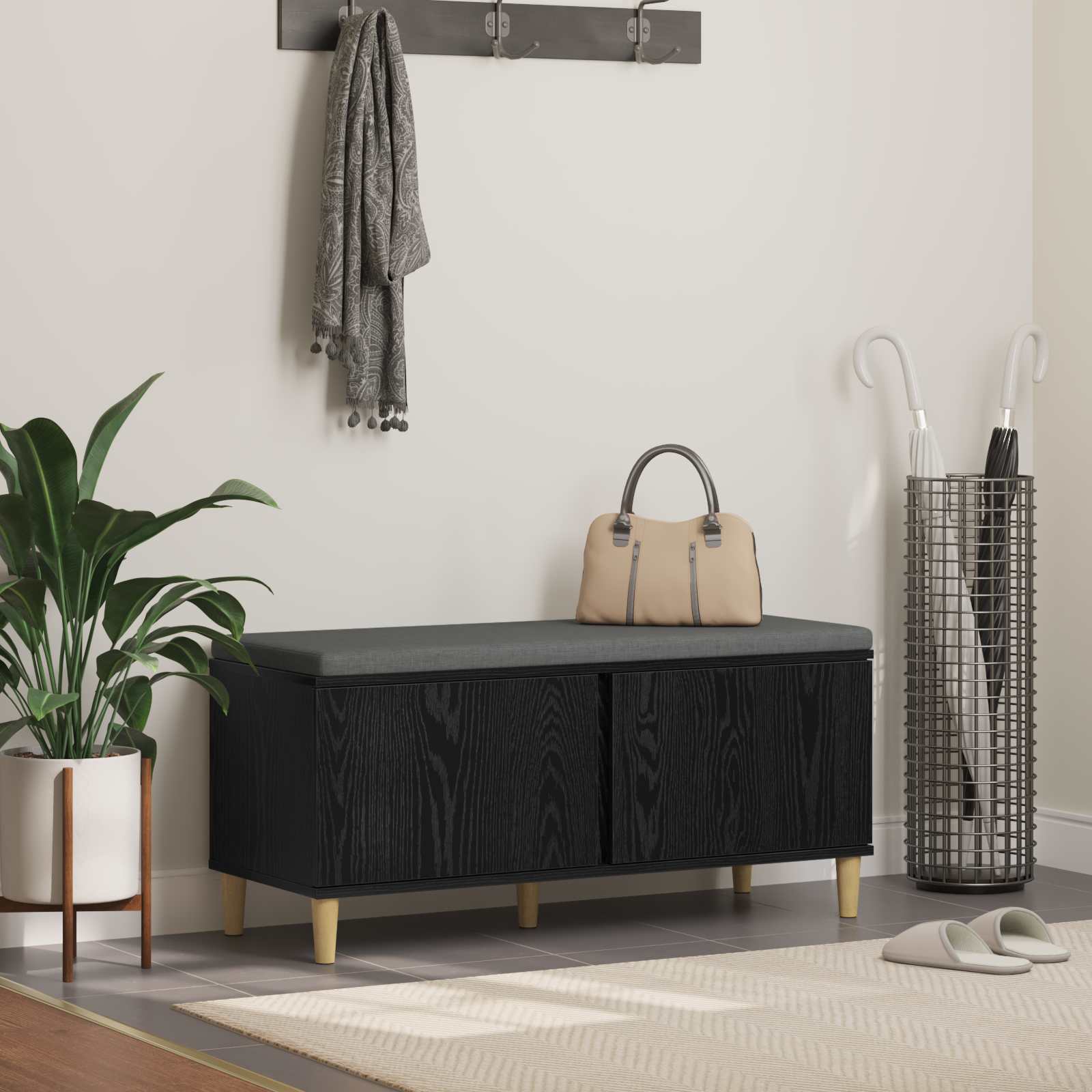 Garderobes sols ar spilvenu Melns Ozols 100 x 38 x 46 cm