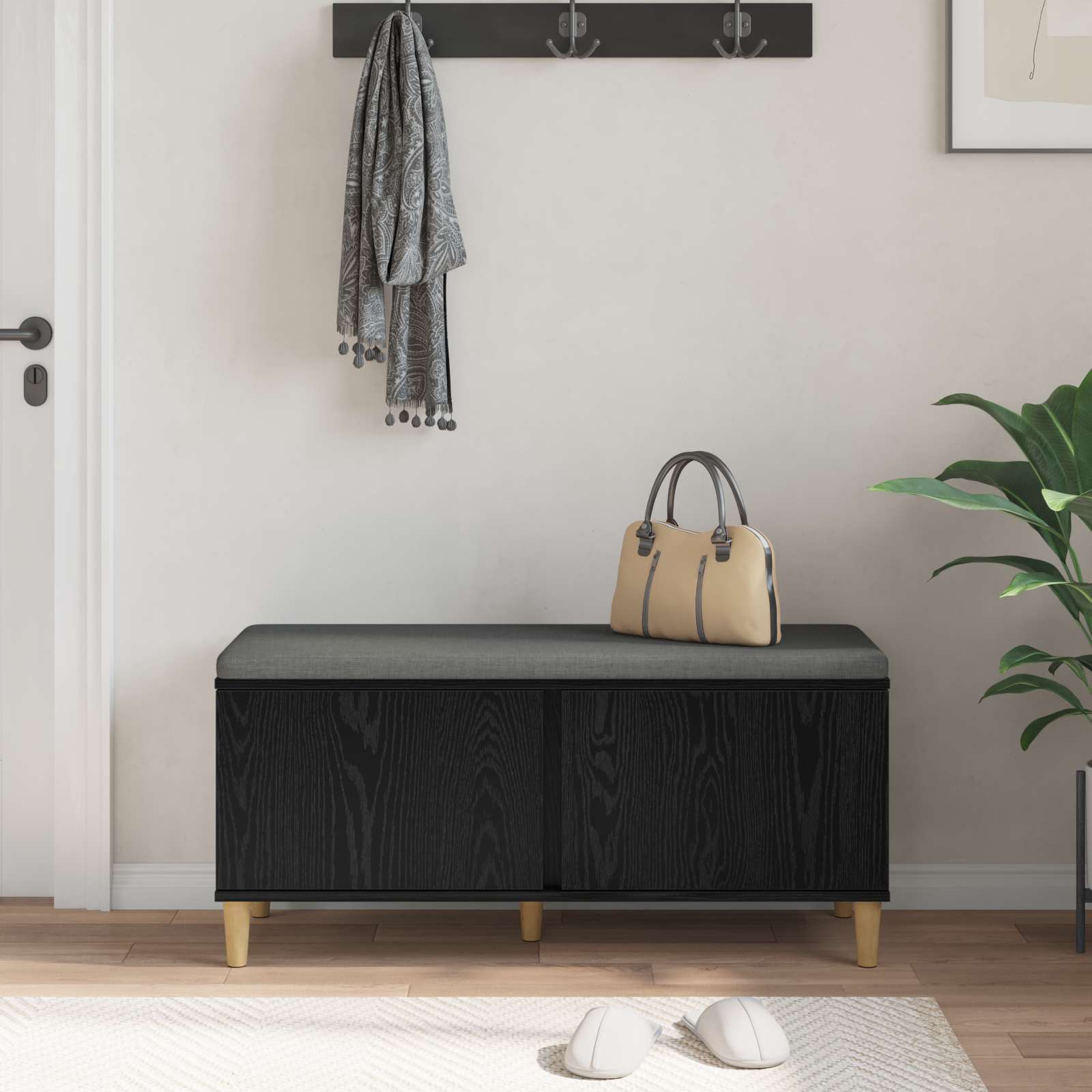 Garderobes sols ar spilvenu Melns Ozols 100 x 38 x 46 cm