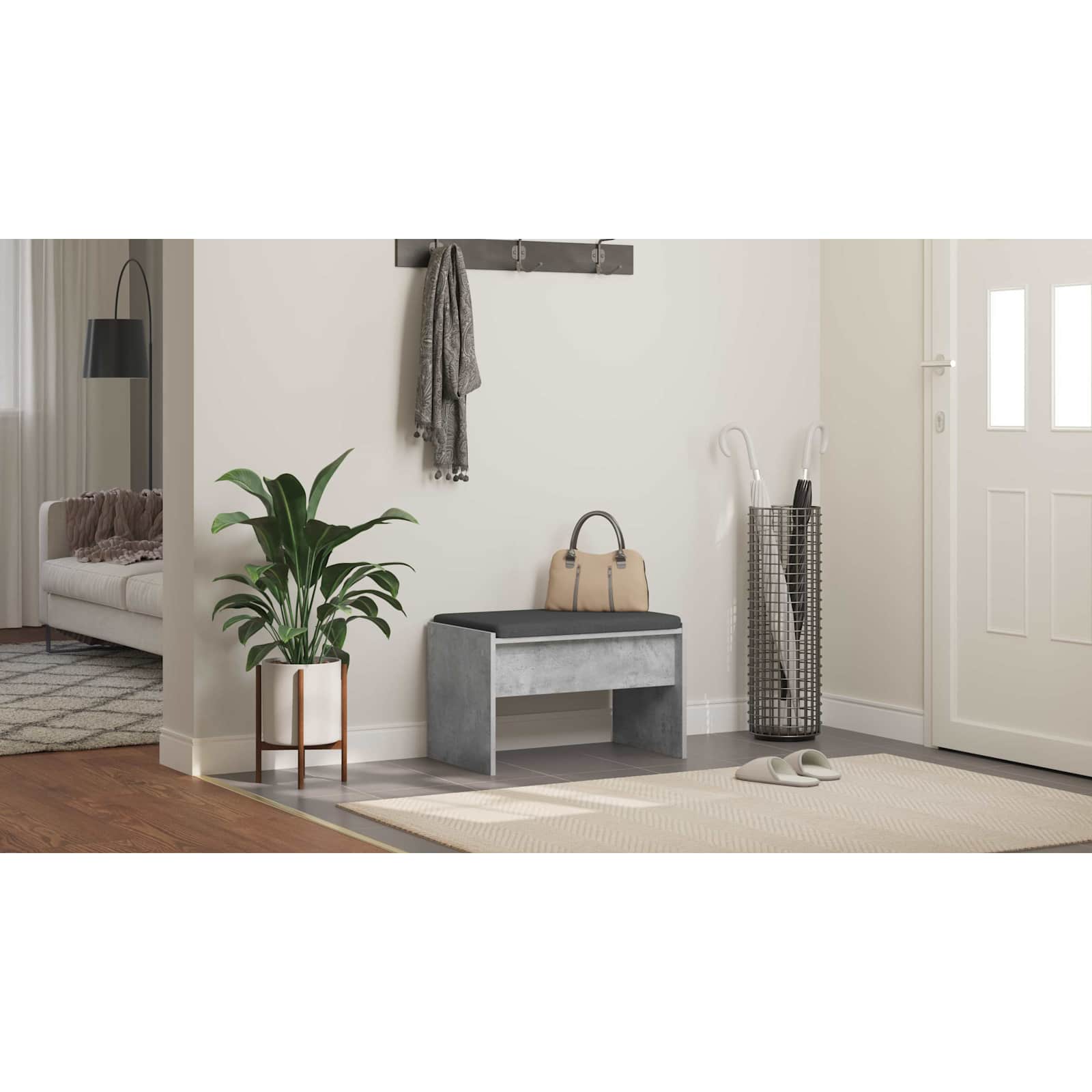 Koridoriaus suolas su pagalve Betono pilka 60 x 38 x 46 cm