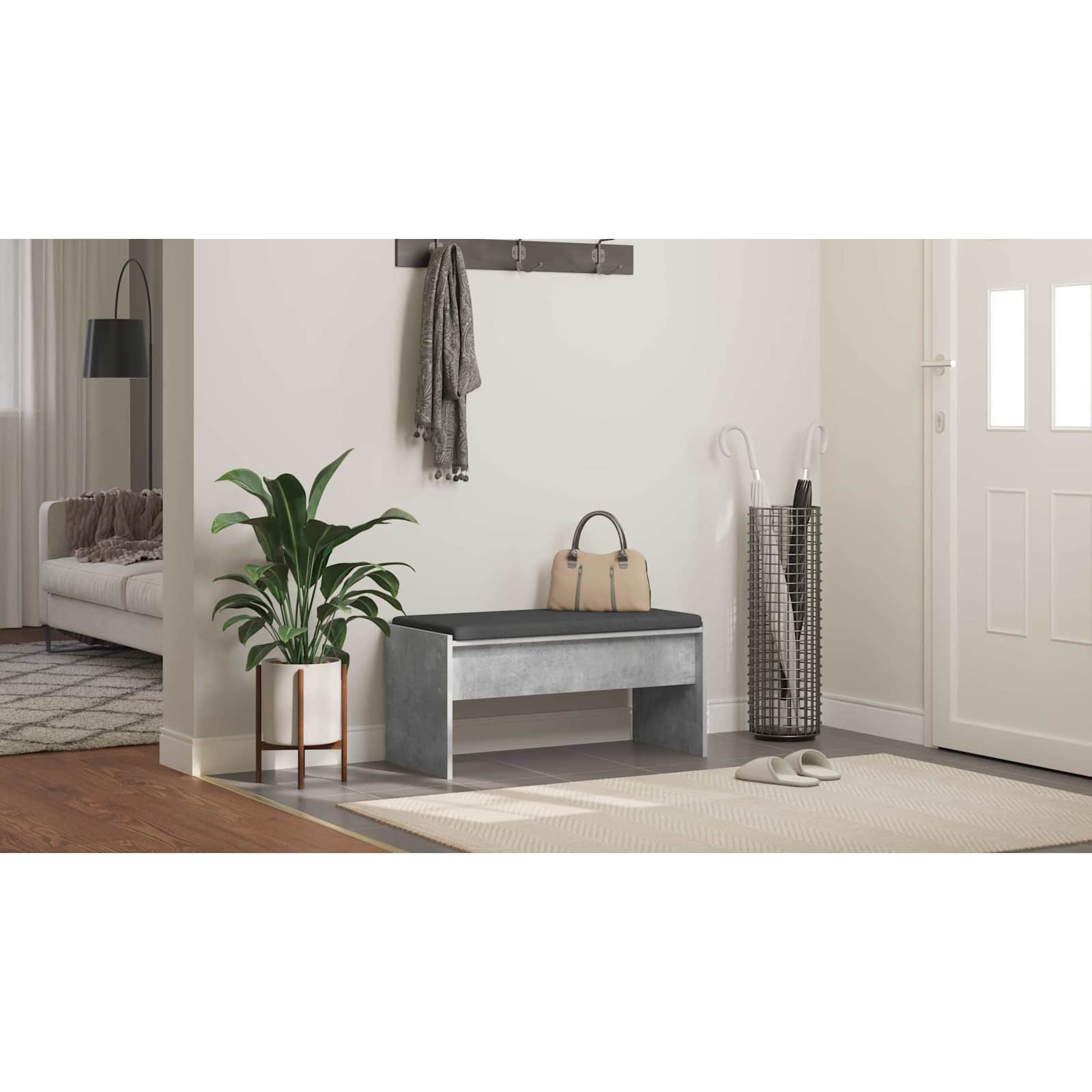 Koridoriaus suolas su pagalve Betono pilka 80 x 38 x 46 cm