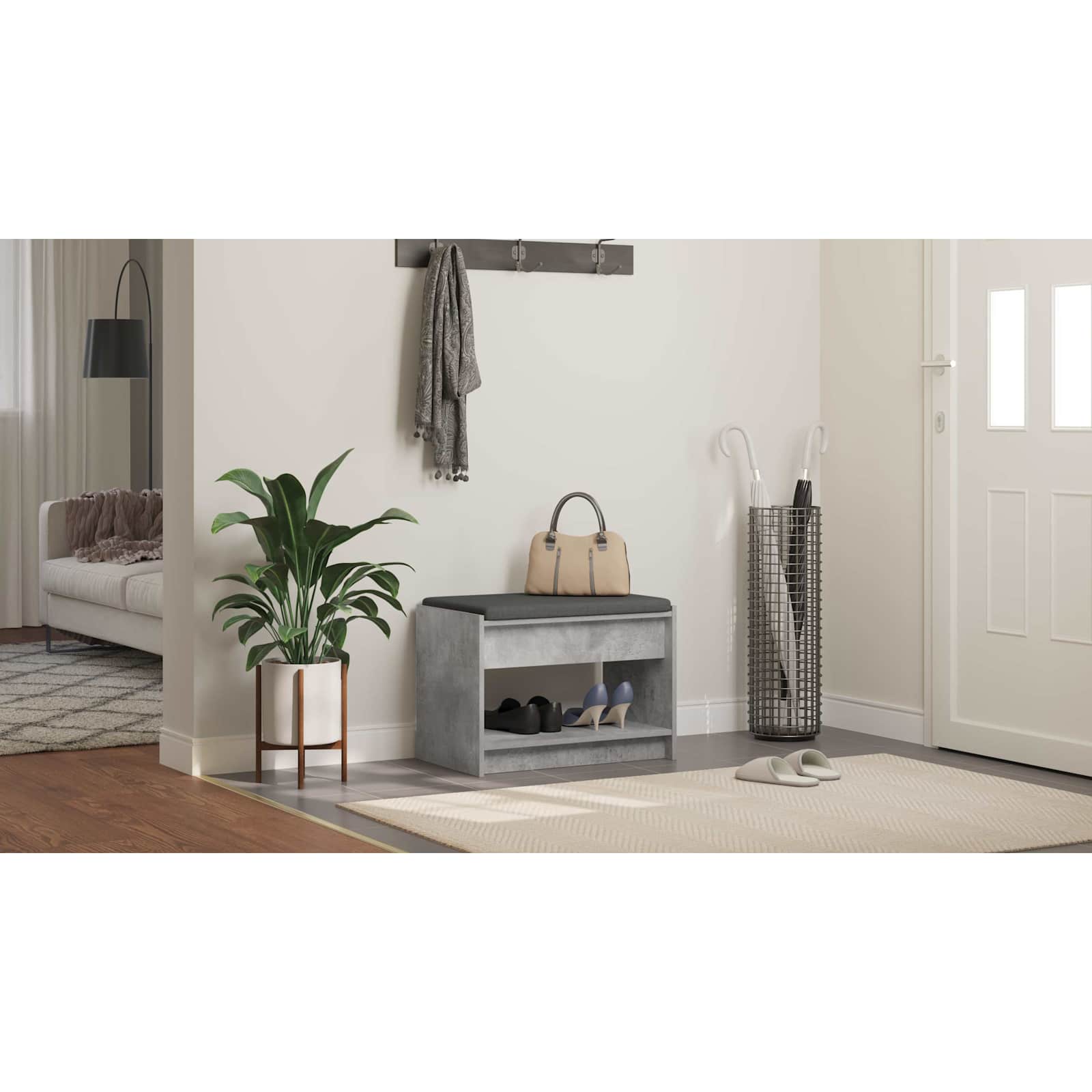 Koridoriaus suolas su pagalve Betono Pilka 63 x 38 x 45 cm