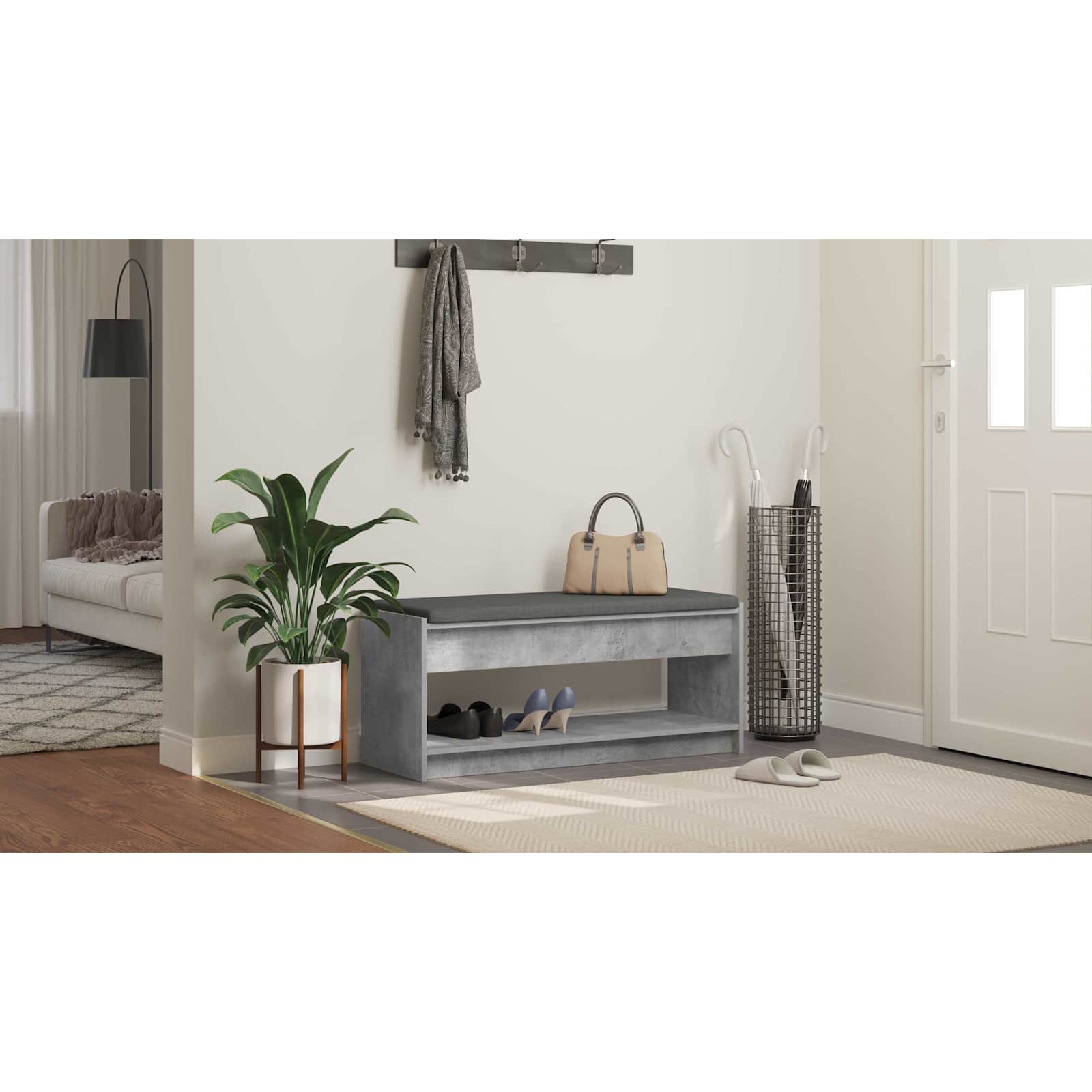 Koridoriaus suolas su pagalve Betono pilka 100 x 38 x 46 cm