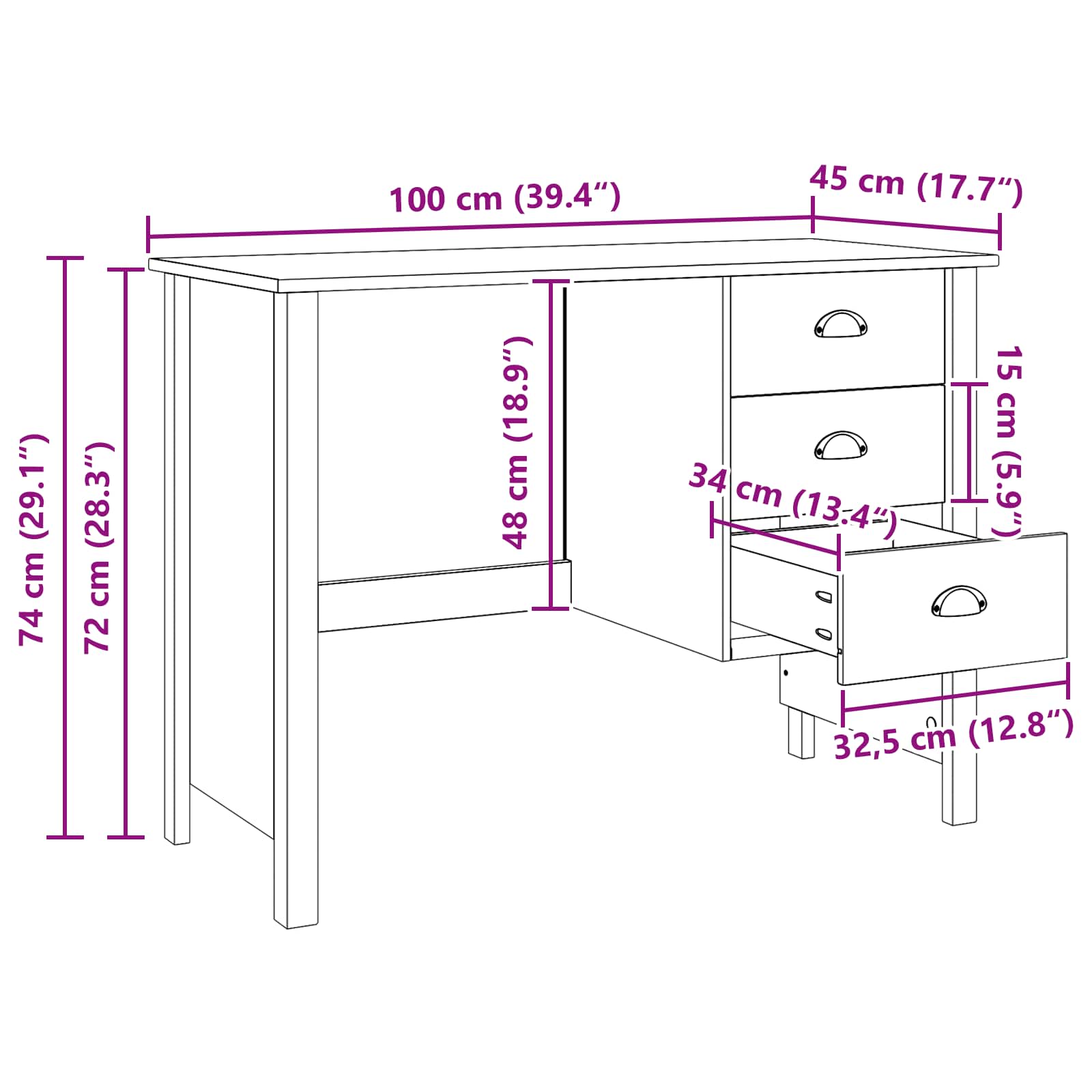 Stalas su stalčiais Balta 100 x 45 x 74 cm Kietas pušies medis