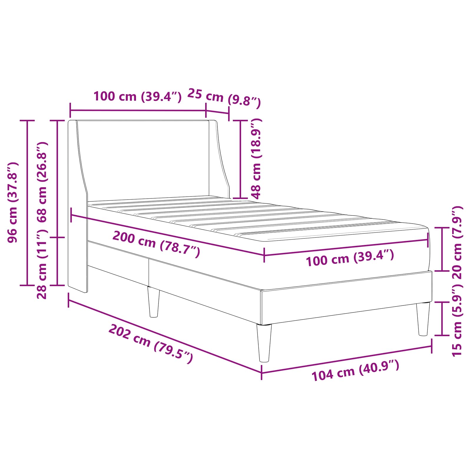 Gultas rāmis ar matraci Tumši pelēks 100 x 200 cm audums