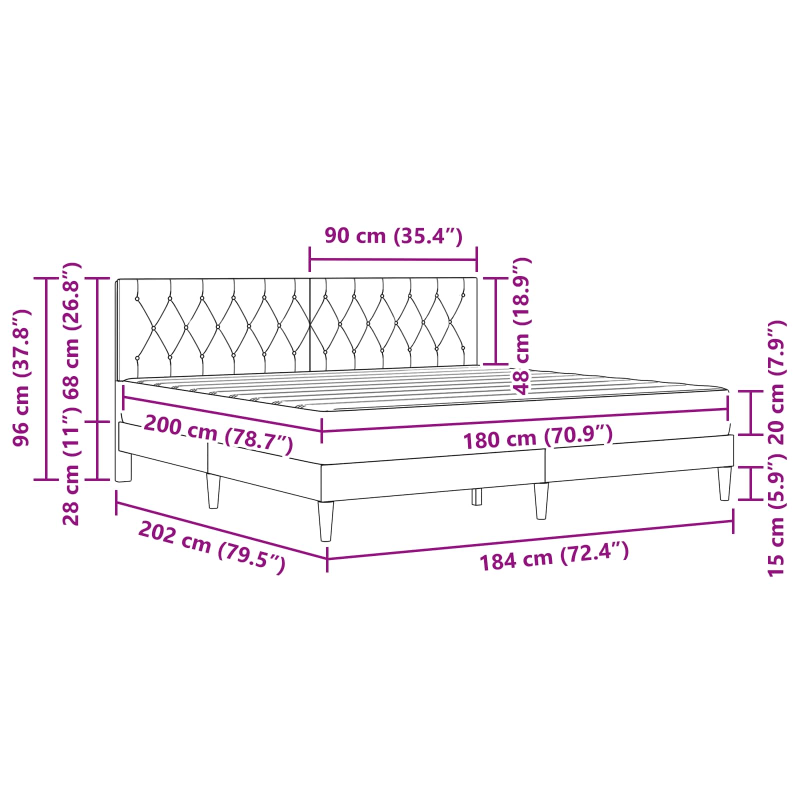 Gultas rāmis ar matraci Melns 180 x 200 cm Samts