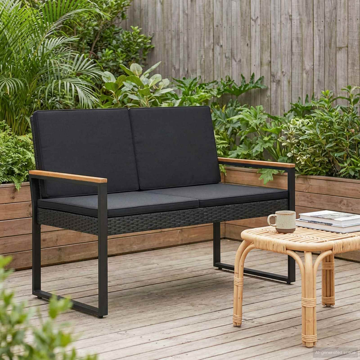 Lauko suolas 2 -Seater 107 x 61 x 80 cm poliratanas Juoda