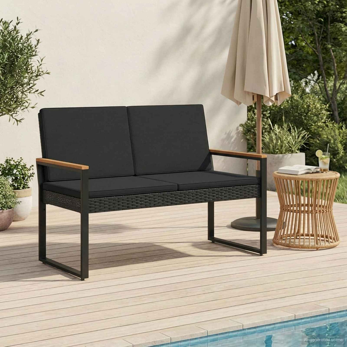 Lauko suolas 2 -Seater 107 x 61 x 80 cm poliratanas Juoda