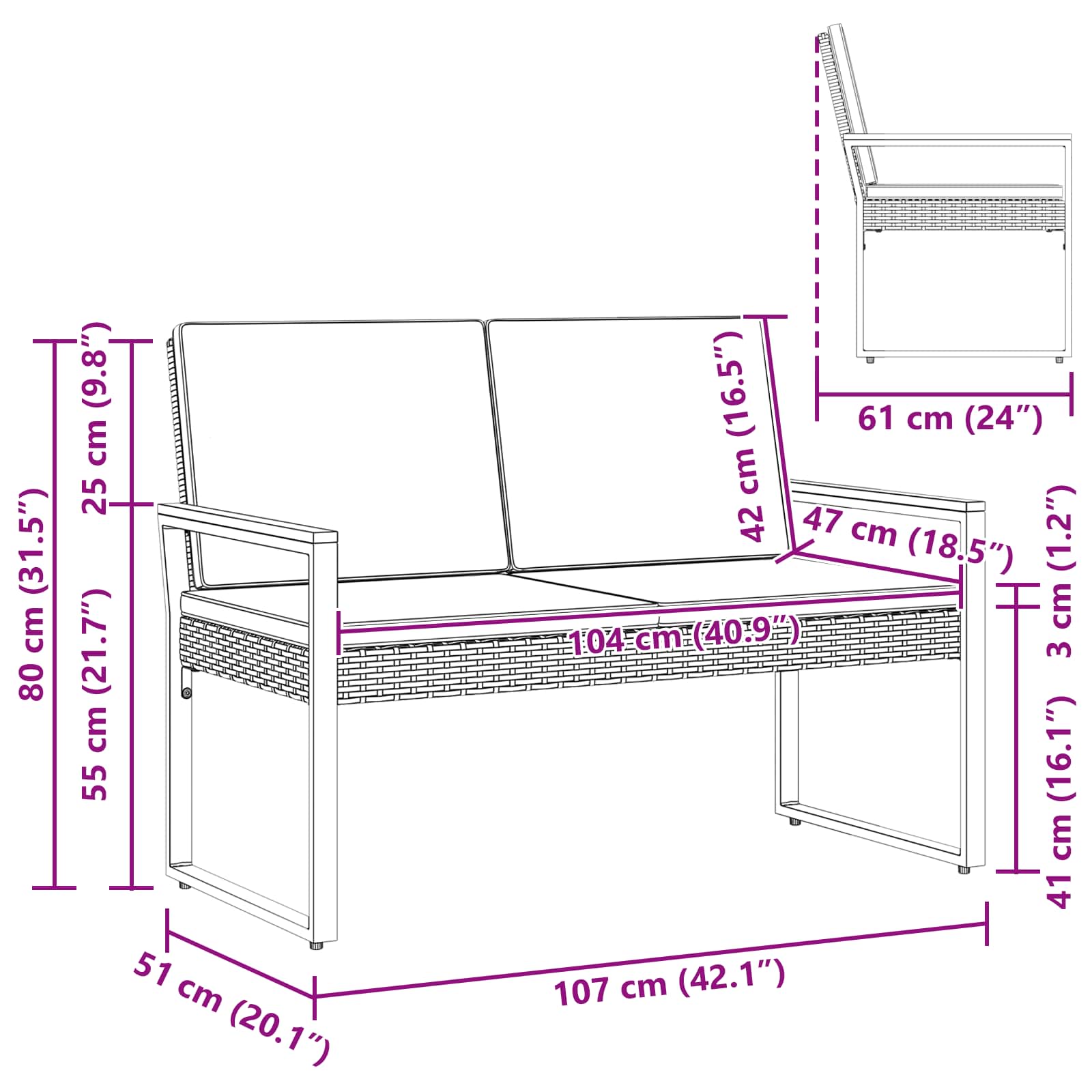 Lauko suolas Juoda ir turkio 107 x 61 x 80 cm poliratanas